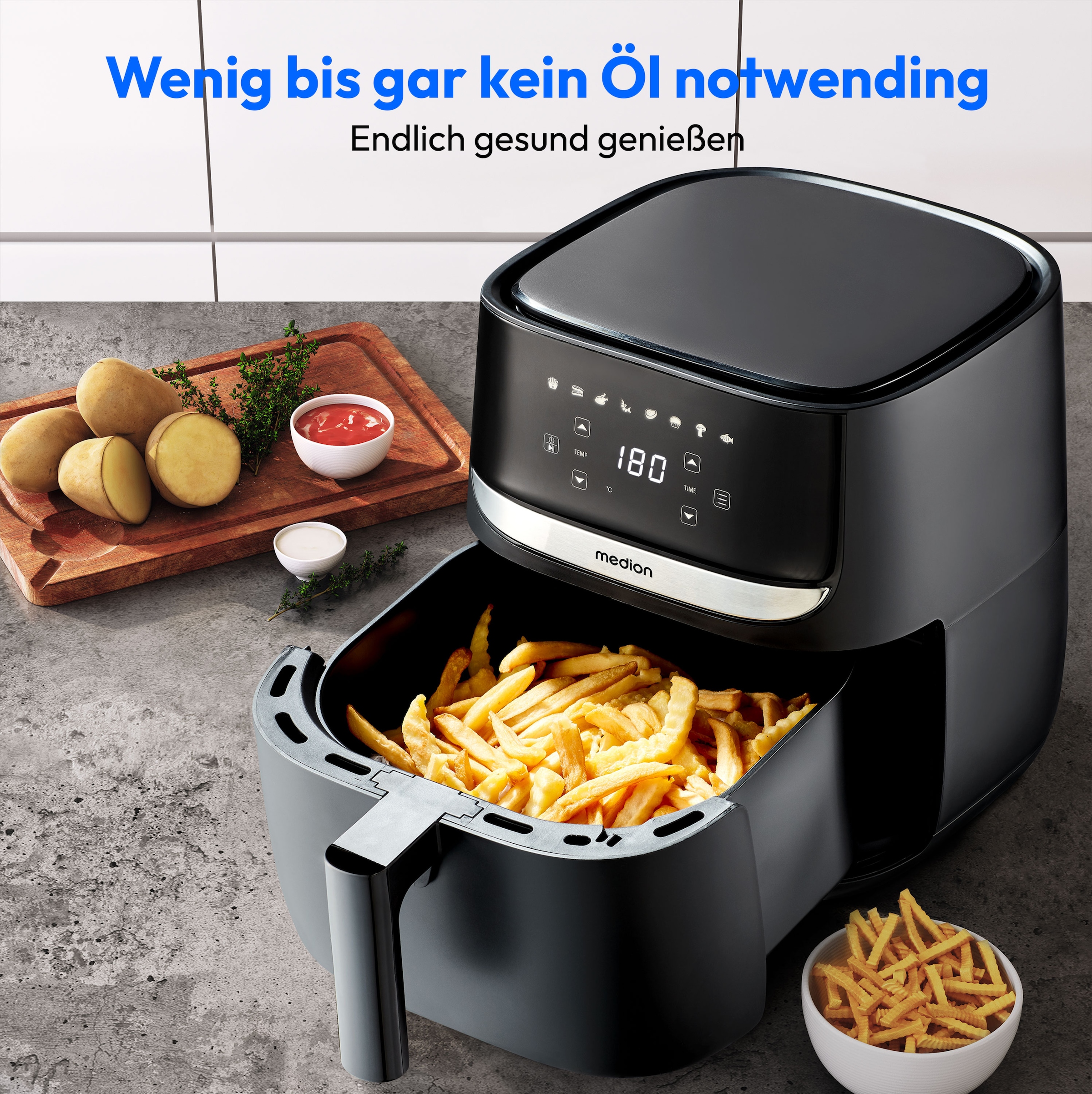 Medion® Heißluftfritteuse »E50 XL (MD 10532), 5,7 L Korbvolumen, 8 Automatikprogramme, Timer«, 1700 W, Temperatur bis 200 °C, ölfreies Frittieren, digitales Bedienfeld