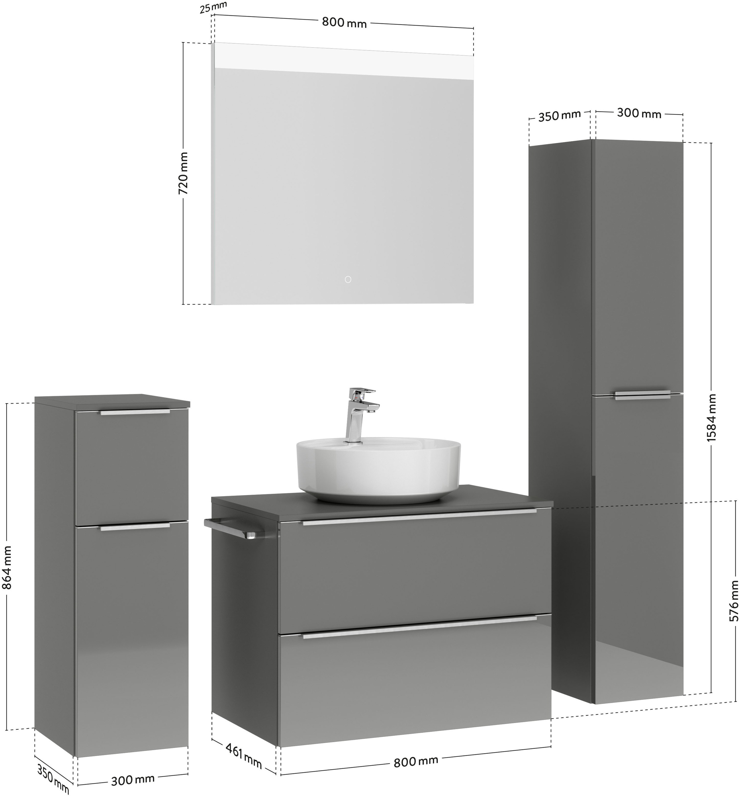 nobilia® Badmöbel-Set »Alvene«, (4 St., vormontiert, mit Soft-Close), Hochglanz, inkl. Spiegel mit Touch-Sensor, in vier Breiten