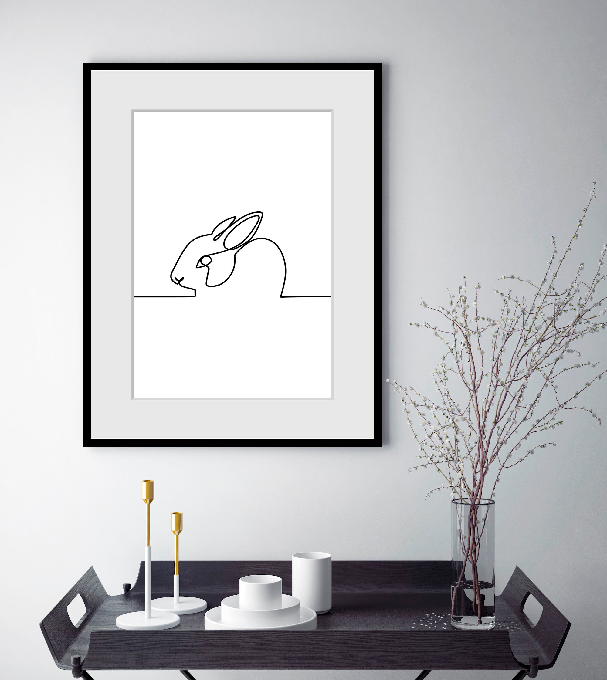 queence Bild »Alicia«, Schwarz-Weiß-Kunst-Modern-Hase-Hasen-Haustiere, (1 St.), HD Premium Poster-Druck inkl. Holzrahmen