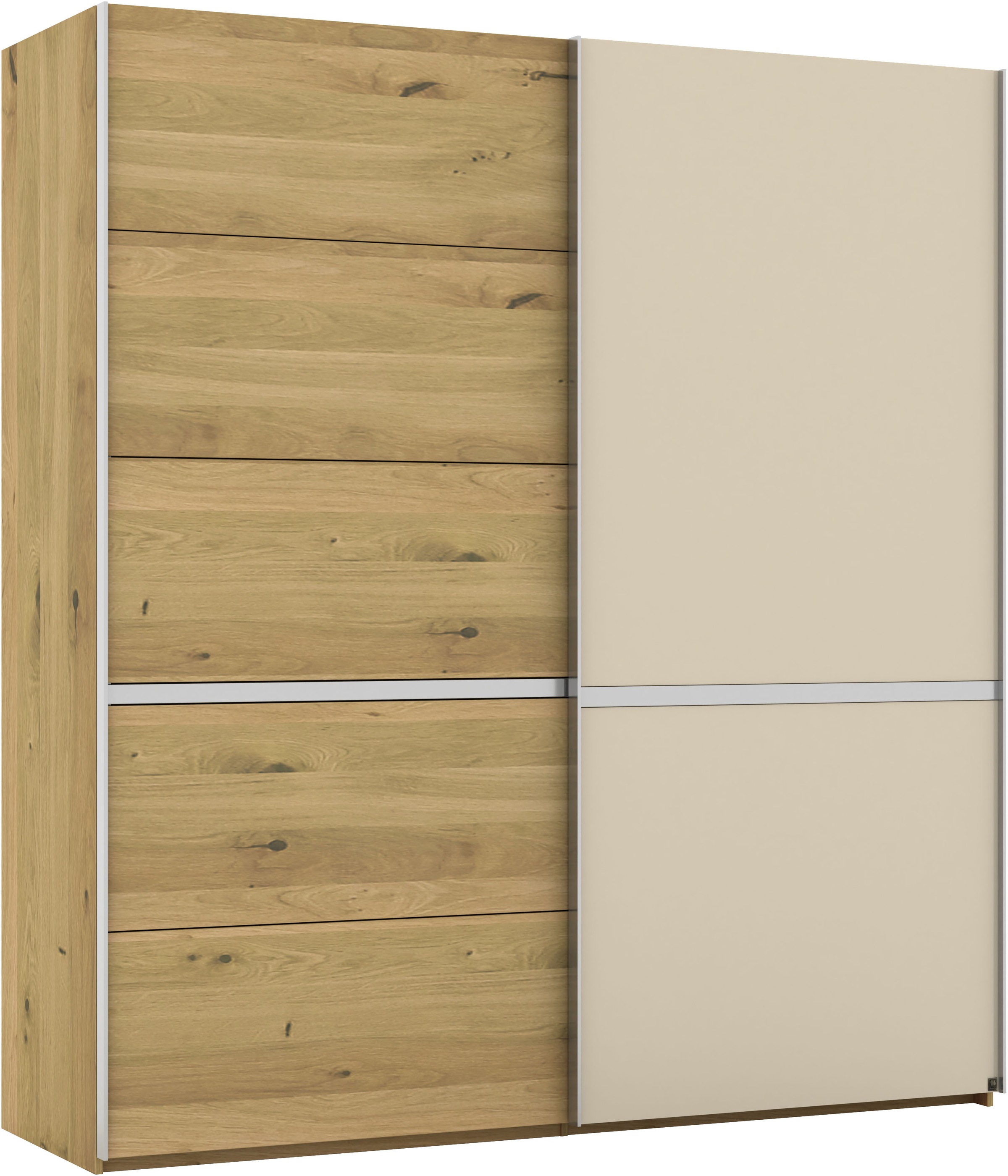 Musterring Schwebetürenschrank »Savona, Kleiderschrank, Schrank, Garderobe, mit Schiebetüren« Teilmassiv Bianco-Eiche, mit Spiegel oder Glas, MADE IN GERMANY,  Türen Bianco-Eiche massiv, Spiegel-/Glastüren, eingelegte Chromleiste