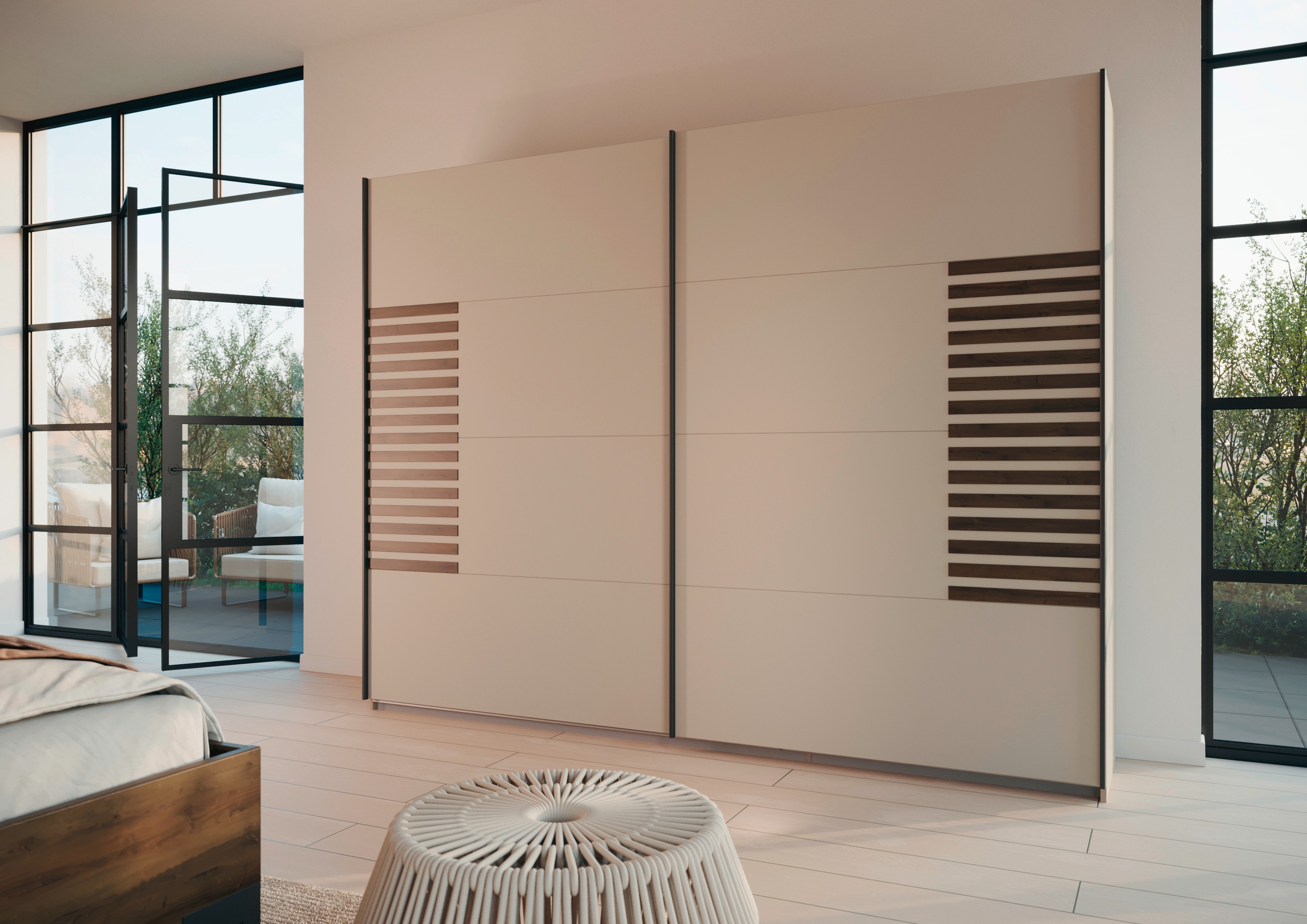 rauch Schwebetürenschrank »Kleiderschrank Schrank Garderobe Schlafzimmerschrank BAREA«, Front mit Auflage in moderner Lamellen-Optik MADE IN GERMANY
