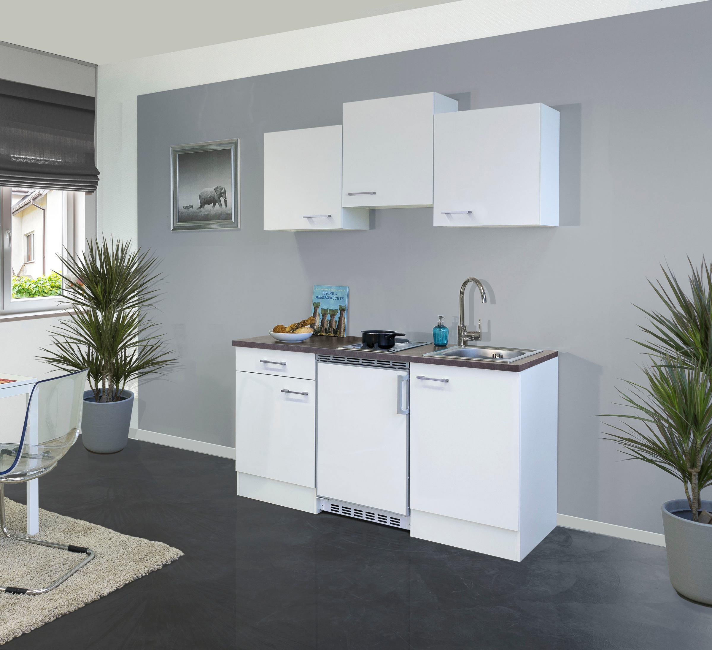 Flex-Well Küchenzeile »Lucca«, Breite 150,5 cm, mit Unterbau-Kühlschrank, Kochfeld und Spüle