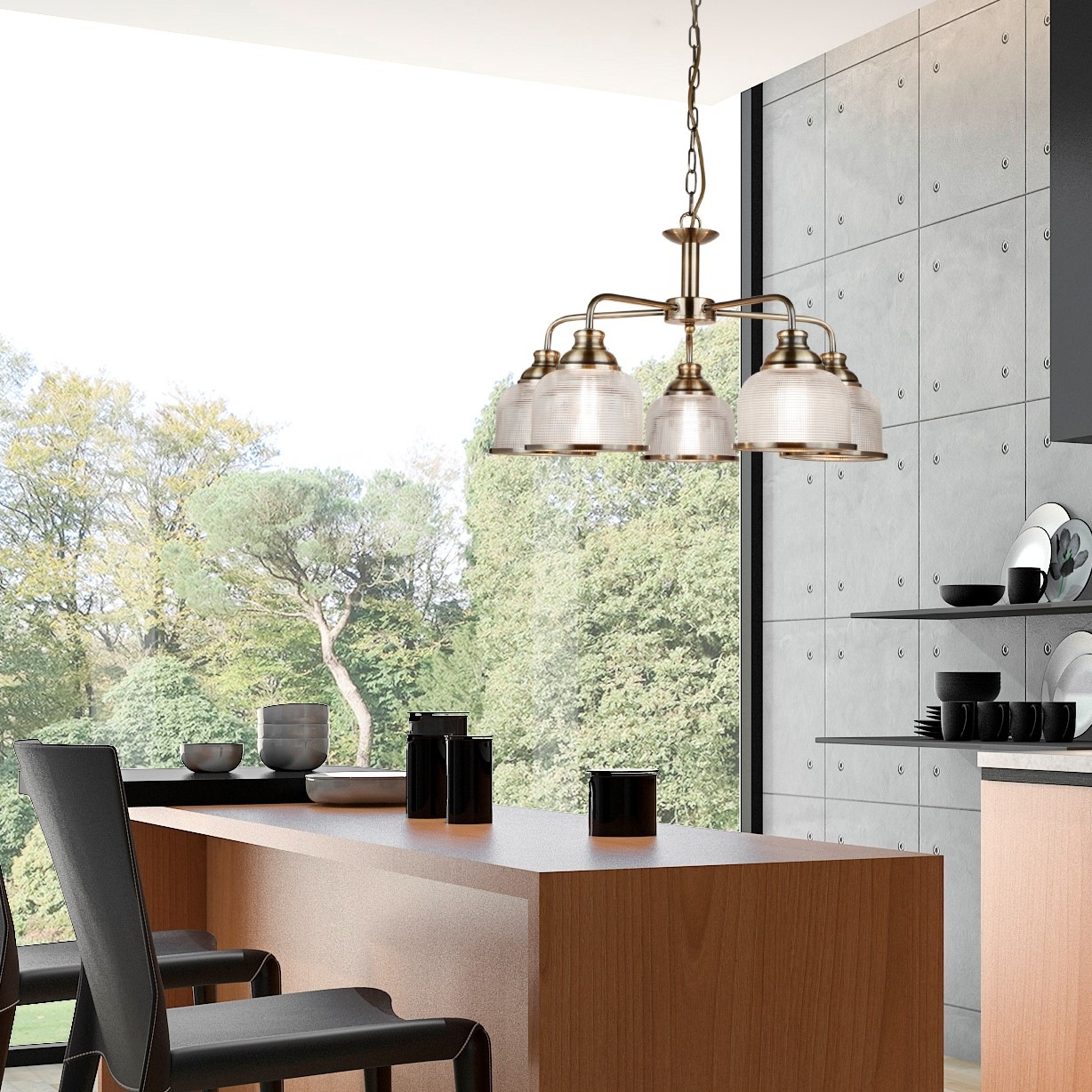 Searchlight Hängeleuchte »Bistro II 5Lt Pendant -Antique Brass & Holophane Style Glass« E27 1 Stk.