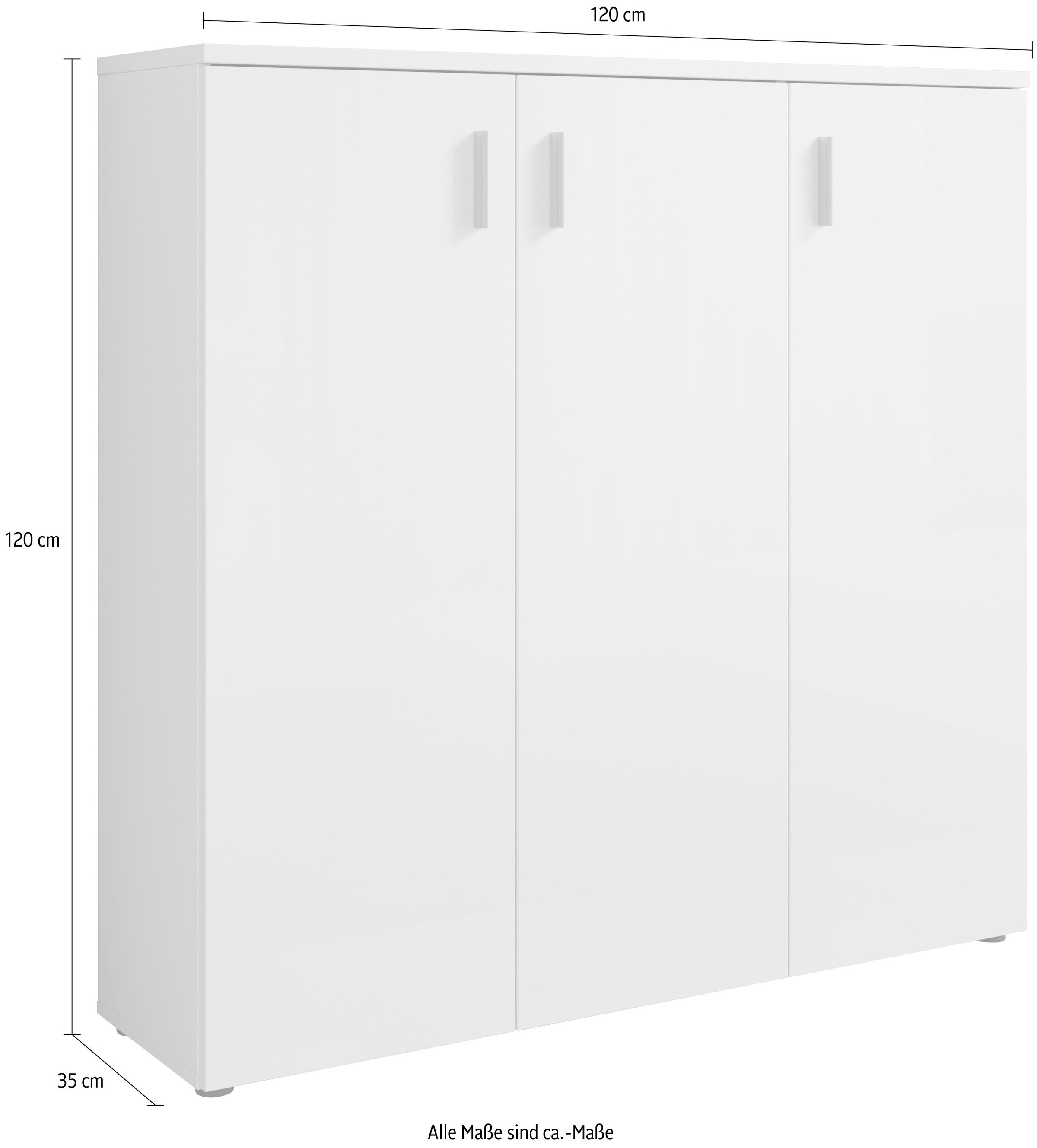 HBZ Schuhschrank »Lincoln weiß Glanz, BxHxT 120x120x35 cm«, (1 St.), Schuhschrank mit 3 Türen, 8 Einlegeböden verstellbar, 2 feste Böden