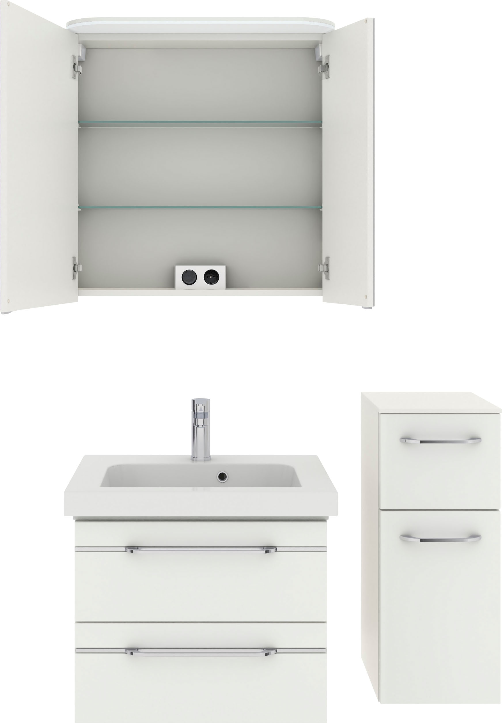 Saphir Badmöbel-Set »Balto Sprint 3-teilig, Mineralmarmor-Waschtisch mit LED-Spiegelschrank«, (4 St.), Badezimmer Set mit Unterschrank inkl Türdämpfer, 3 Türen, 3 Schubladen
