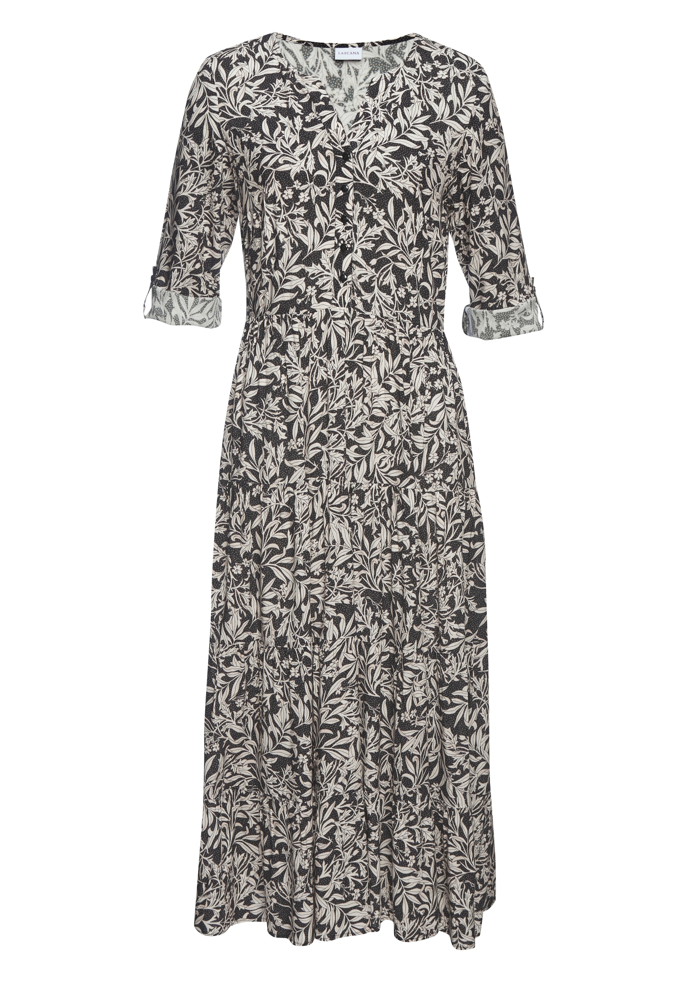LASCANA Maxikleid »mit Blätterprint aus gewebter Viskose, locker bequemer Look« Webkleid mit 3/4-Ärmeln, Herbstkleid, Kaftankleid mit weitem Rockteil