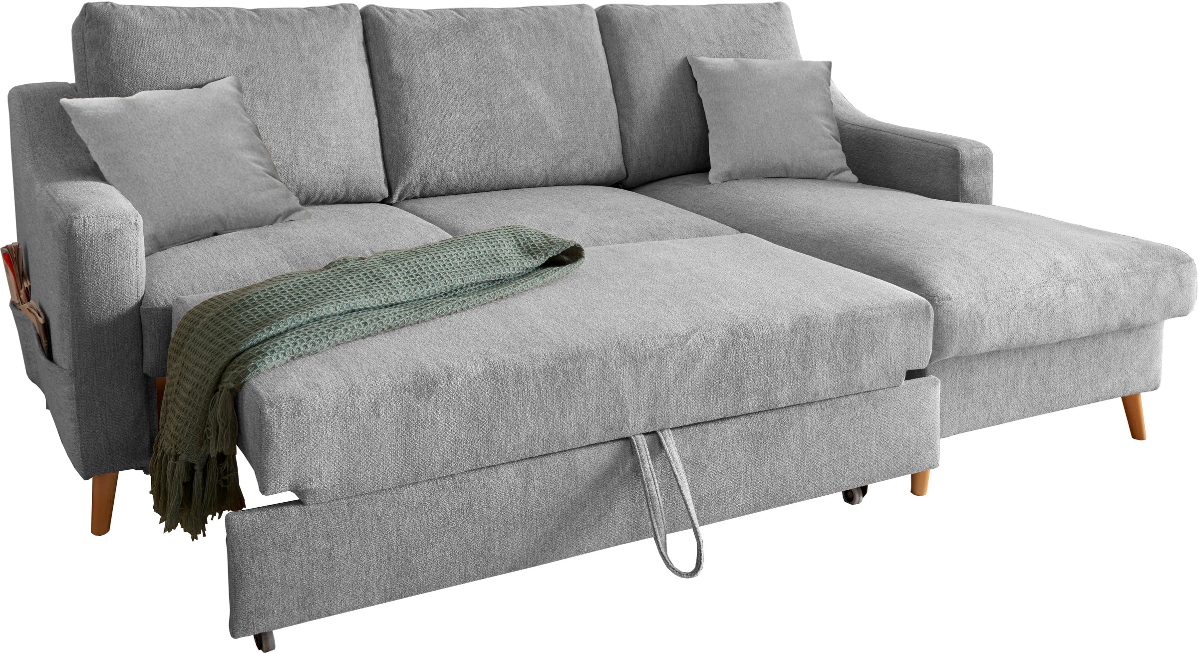 INOSIGN Ecksofa »Valentina L-Form«, 2 Zierkissen, mit Seitentasche, ausziehbarer Liegefläche, Bettkasten