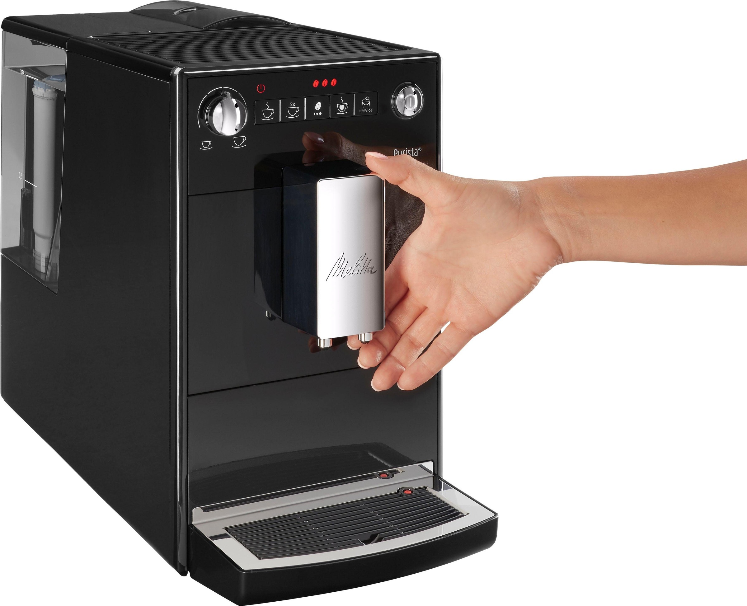 Melitta Kaffeevollautomat »Purista® F230-101, silber/schwarz«, Lieblingskaffee-Funktion, kompakt & extra leise