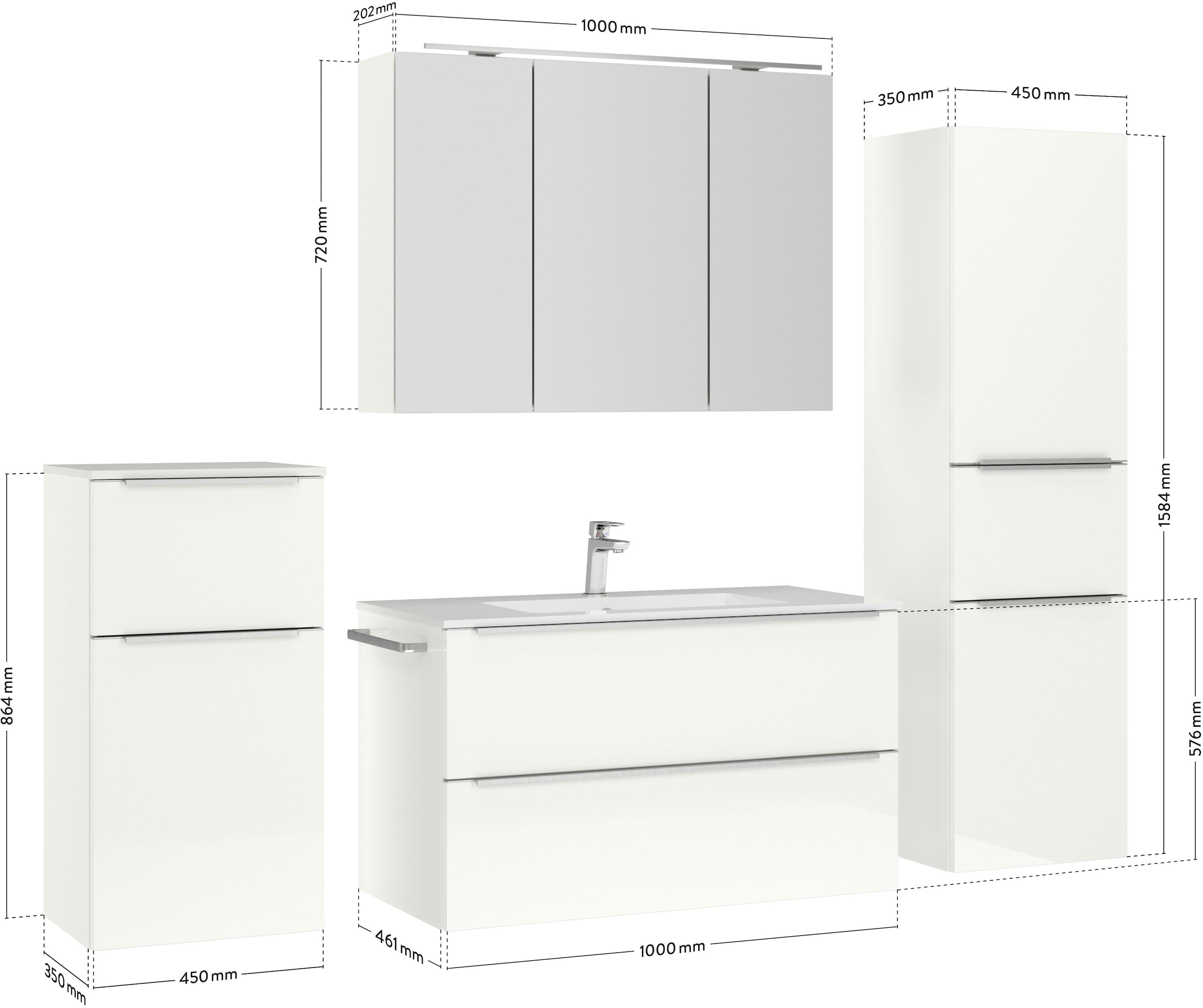nobilia® Badmöbel-Set »Levere«, (4 St., vormontiert, mit Soft-Close), inkl. Spiegelschrank mit Beleuchtung und Dimmerfunktion, in 4 Breiten