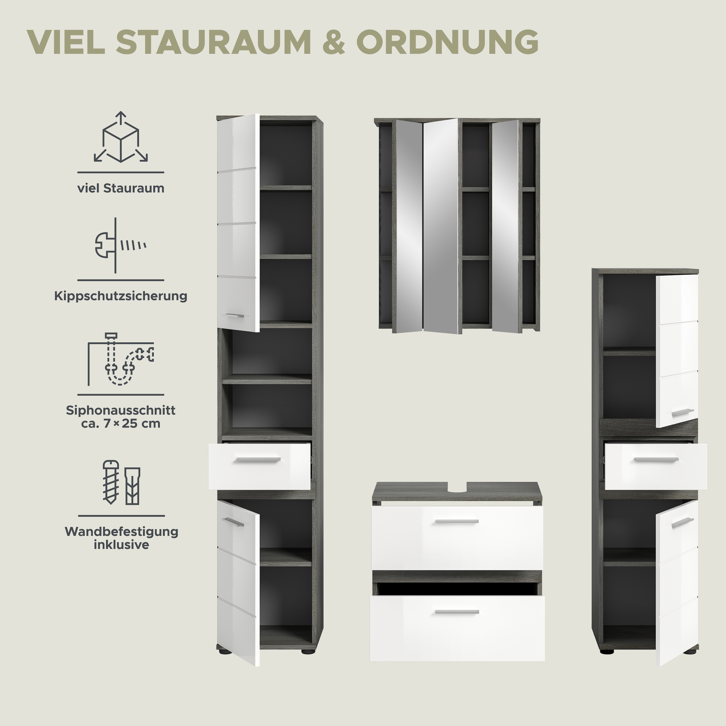 welltime Badmöbel-Set »LUCCA, 4-teilig, TOPSELLER!, MDF Hochglanzfront, bestehend aus:«, (Set, 4 St.), Hochschrank, Waschbeckenunterschrank, Spiegelschrank, Standschrank