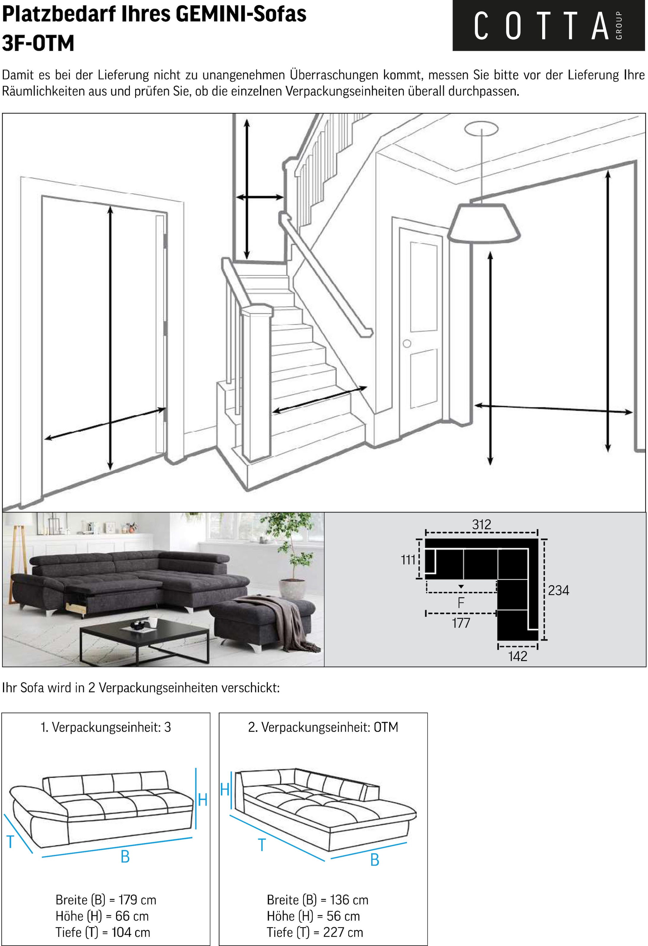 COTTA Ecksofa »Gemini L-Form«, mit Kopfverstellung, optional mit Schlaffunktion bzw. XXL-Sitzfläche