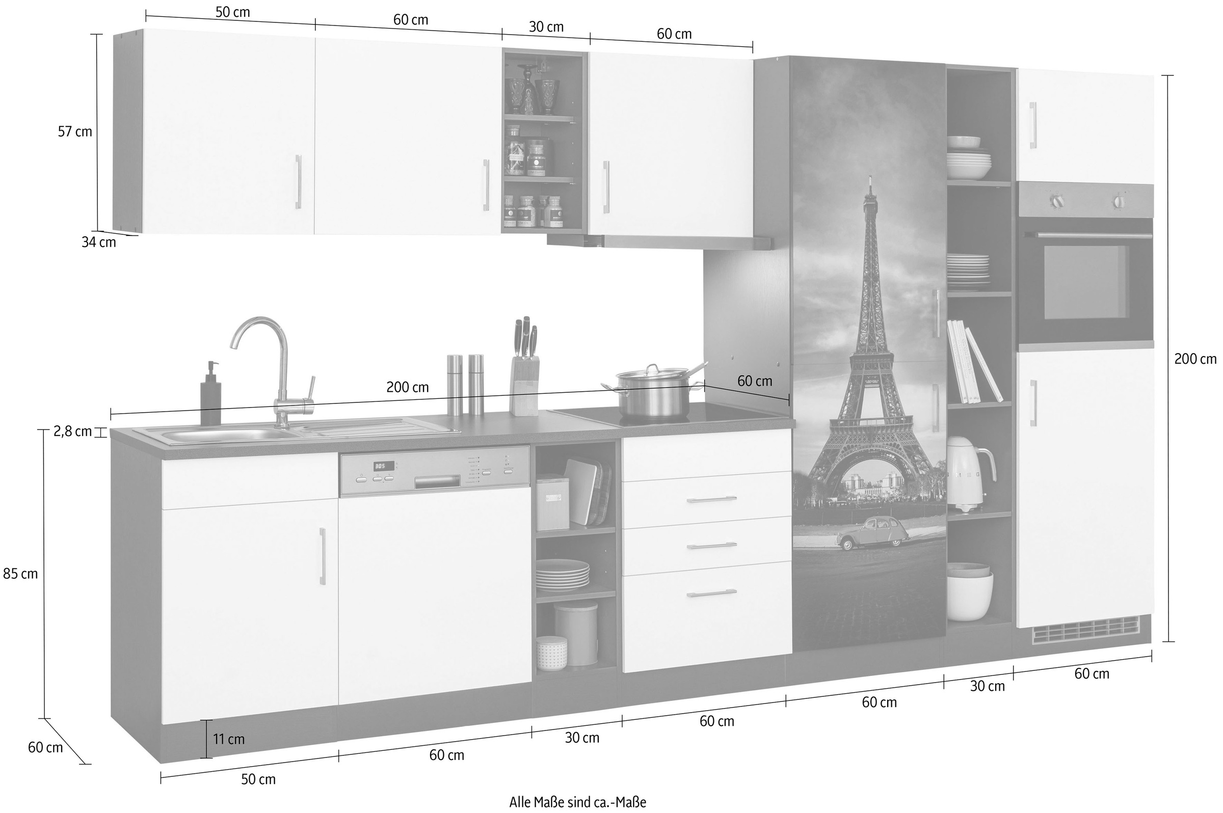 HELD MÖBEL Küchenzeile »Paris«, mit E-Geräten, Breite 350 cm, wahlweise mit Induktionskochfeld