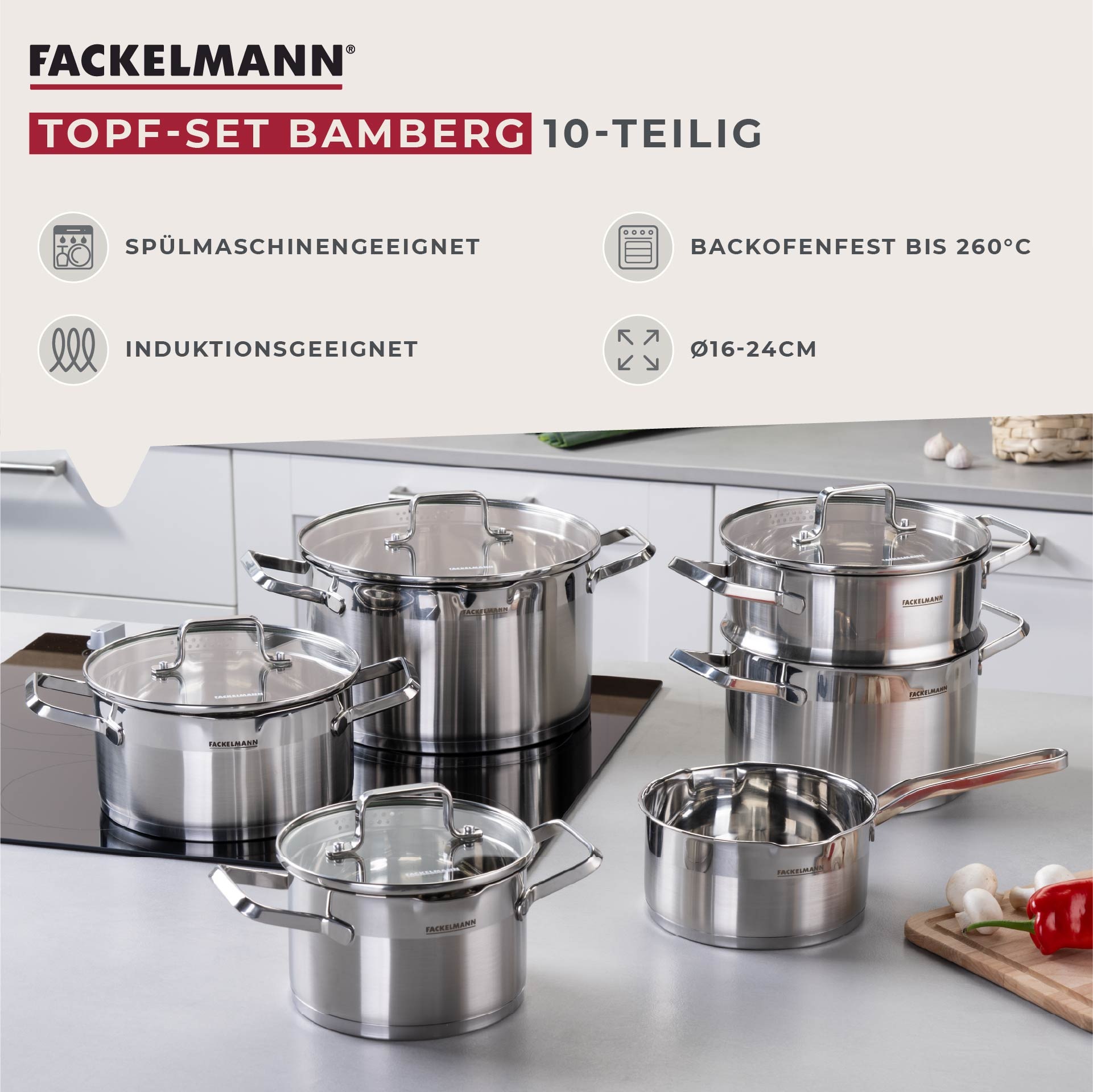 FACKELMANN Topf-Set »Bamberg, mit Dämpfeinsatz«, Edelstahl, (Set, 10 tlg.), günstig online kaufen