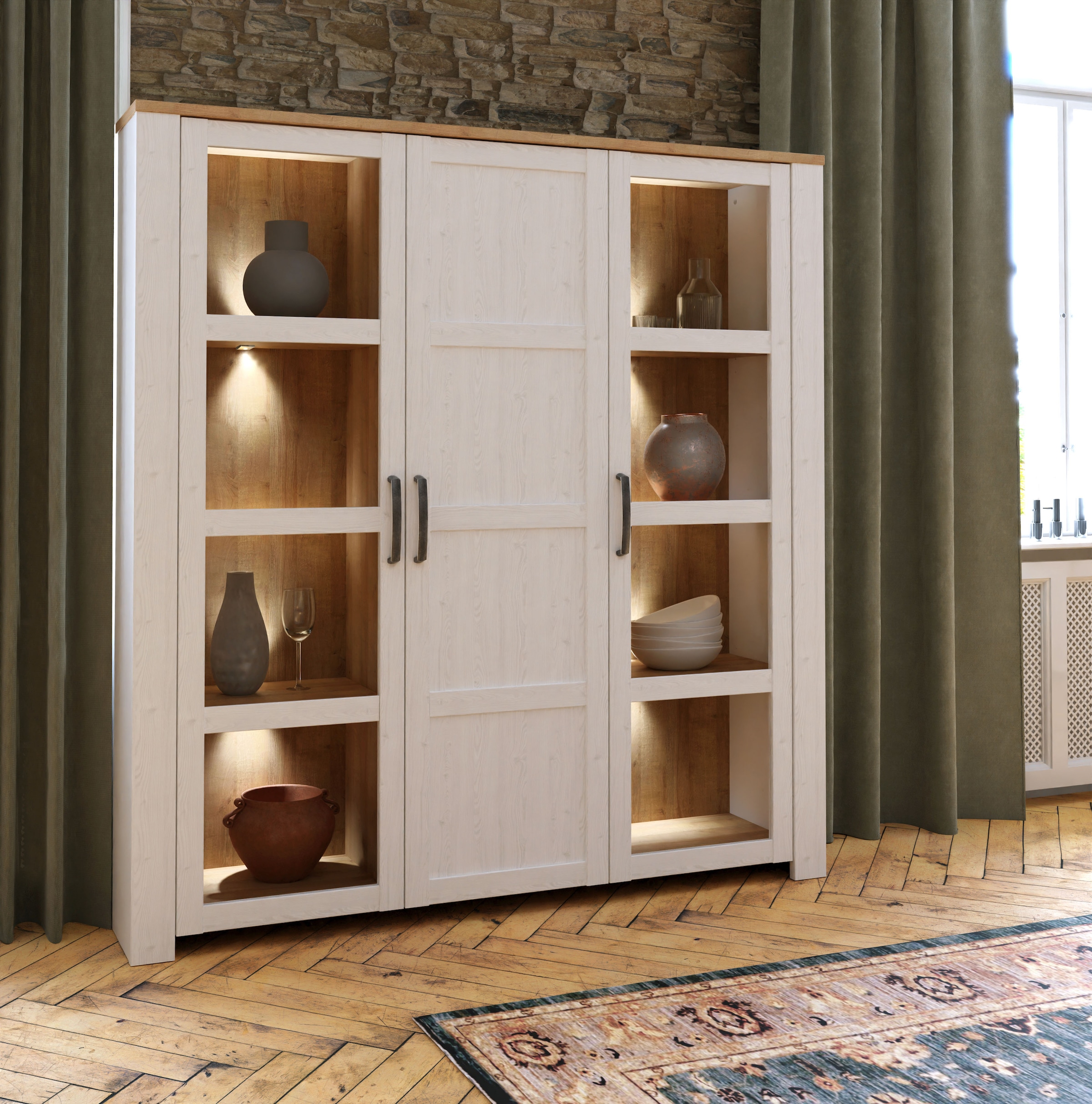 FORTE Highboard »Bohol, großes Highboard 2, Glastüren, viel Stauraum« B/H/T 151,1/160,6/42 cm Beleuchtung optional bestellbar