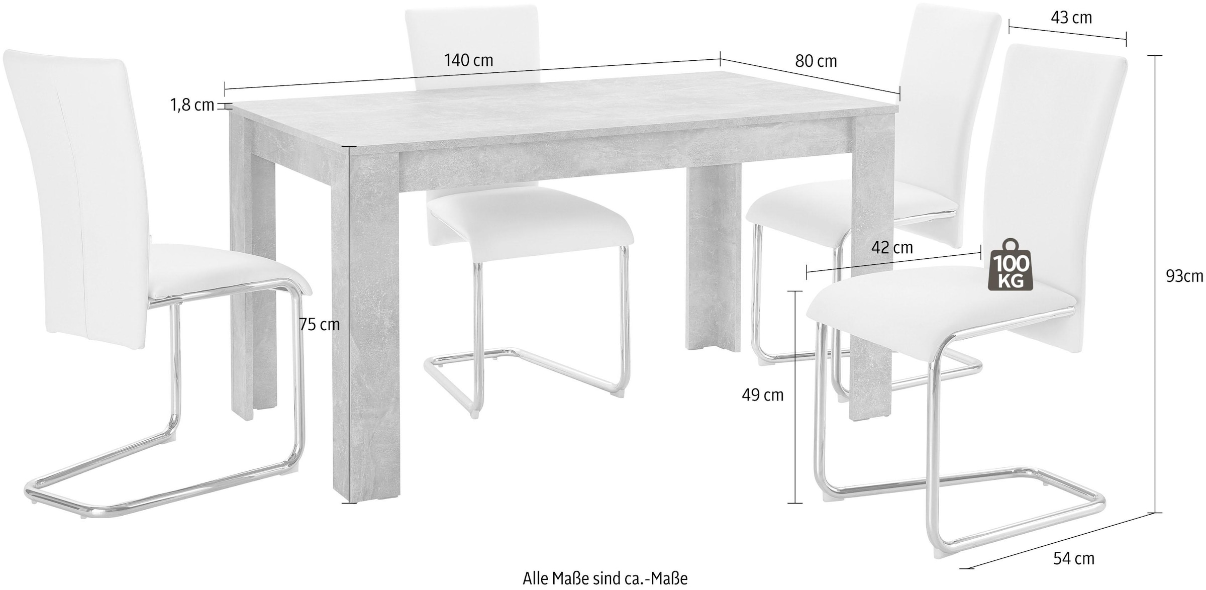 »Nick3-Mulan«, mit Homexperts cm in online Tisch Breite 4 Essgruppe kaufen 5 Stühlen, 140 Beton-Optik, (Set, tlg.),