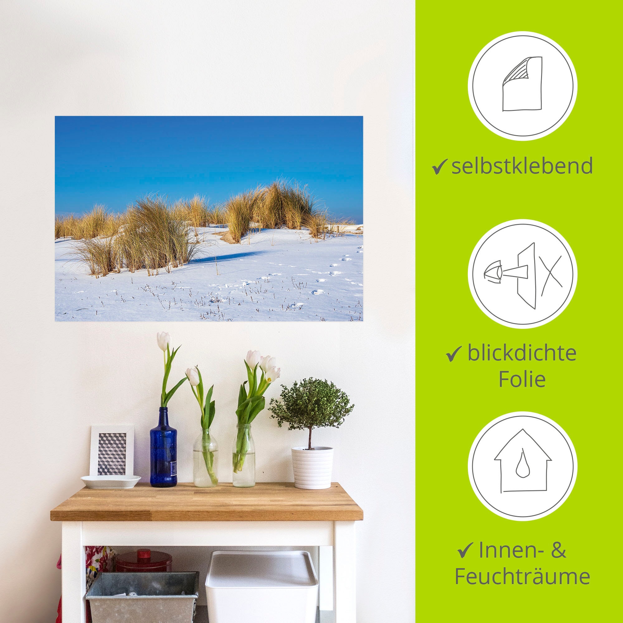 Artland Wandbild »Düne, Ostseeküste Warnemünde im Winter«, Strandbilder, (1 St.), als Alubild, Leinwandbild, Wandaufkleber oder Poster in versch. Größen