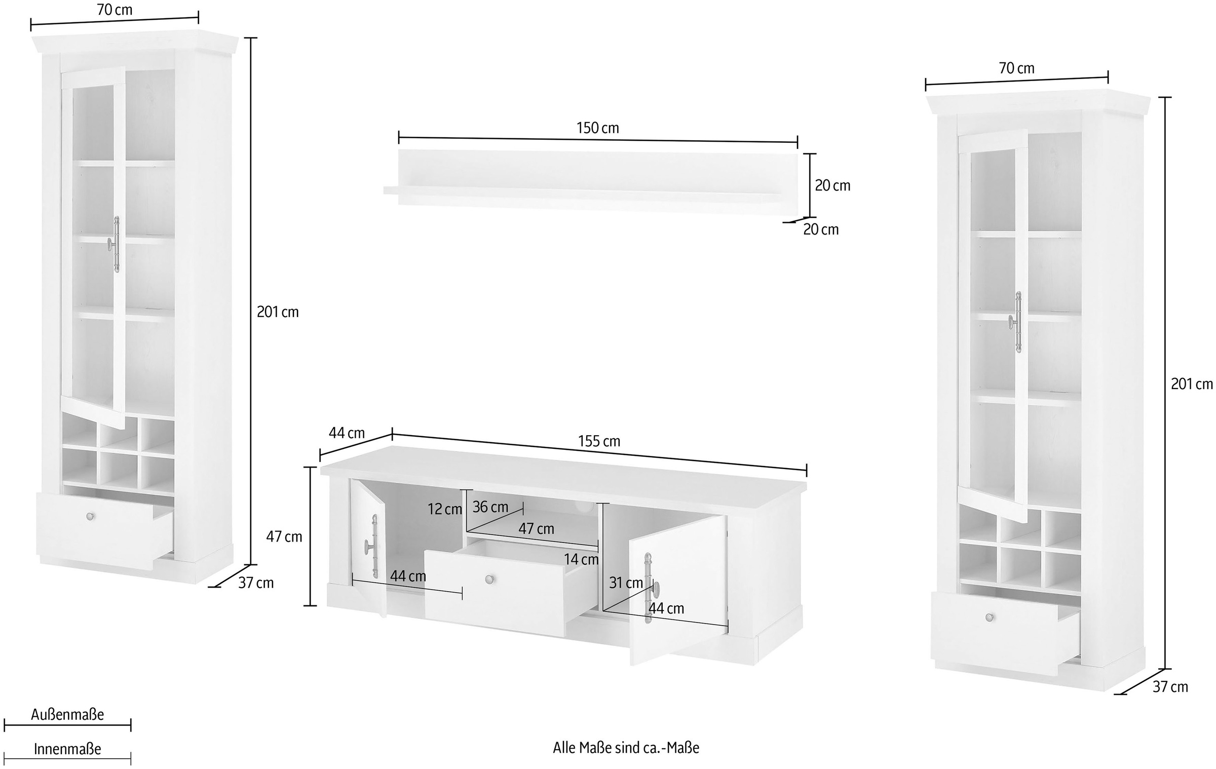 Home affaire Wohnwand »RAVENNA«, (4 St.), im romantischen Landhausstil, Griffe aus Metall, Softclose-Funktion