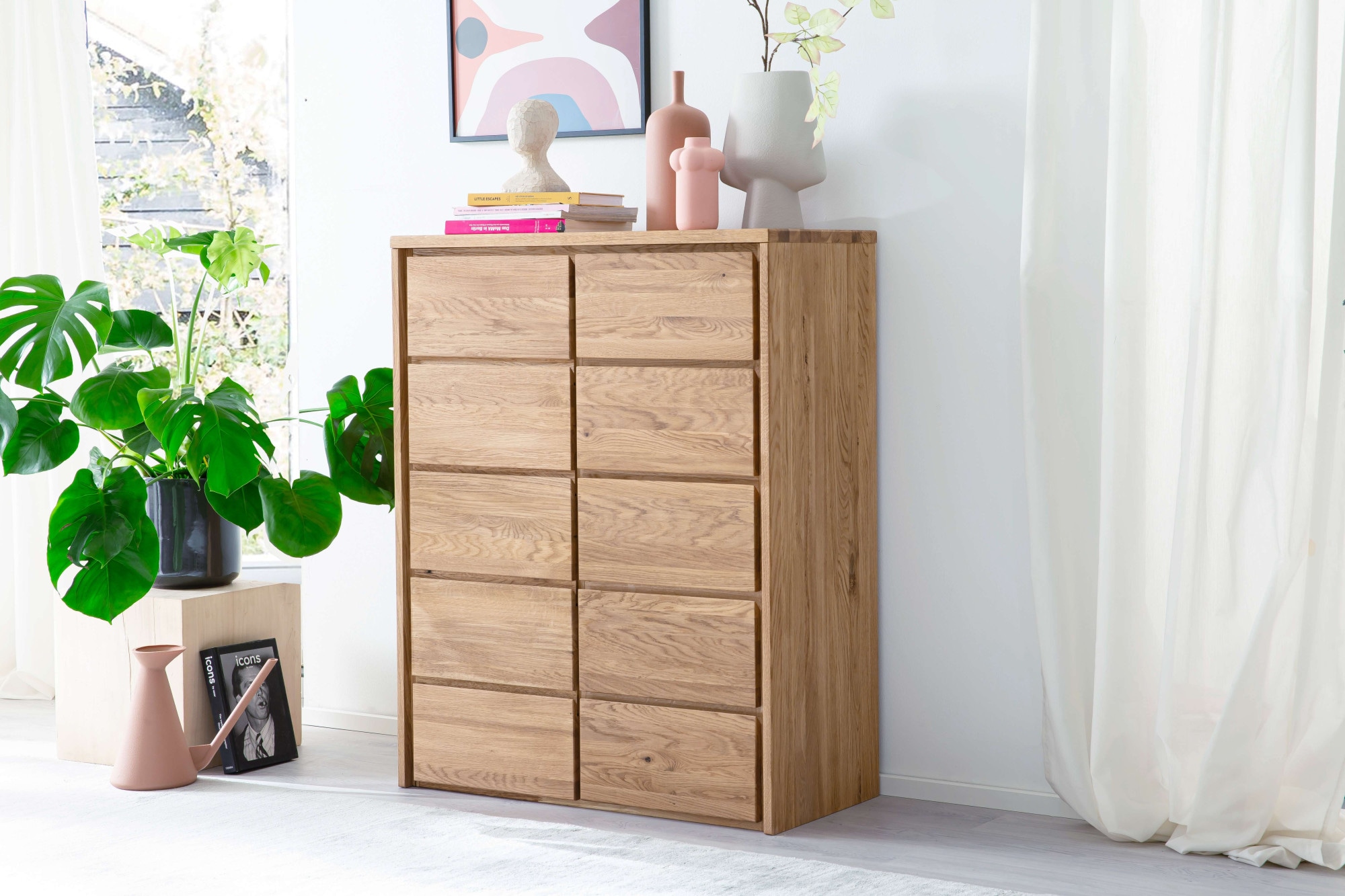 Home affaire Kommode »Zetra Schubladenschrank, 5 Schubladen/1 Tür mit Soft-Close-Function«, Fertig montiert, Eiche Massivholz, Breite 88 cm