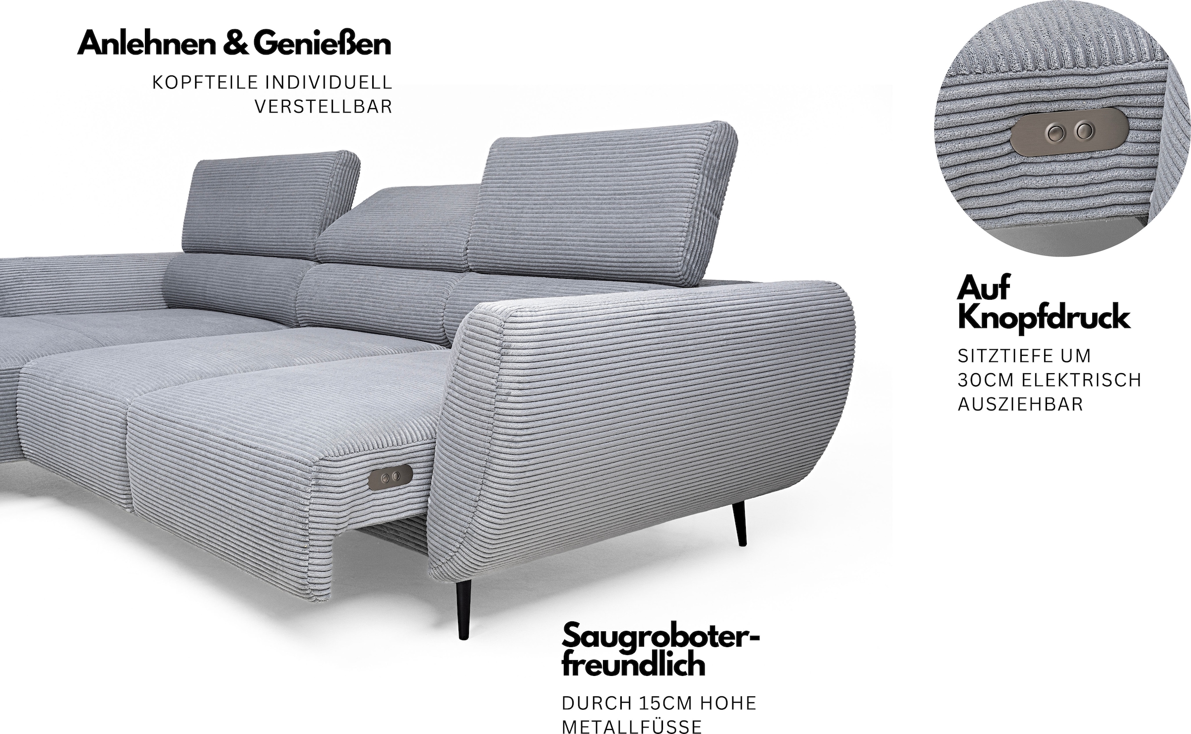 WERK2 Ecksofa »Alisson 277 x 174 cm modern & bequem, bodenfrei, Multifunktionen« Cord, L-Form, XXL, elektrische Sitztiefenverstellung, Schlaffunktion