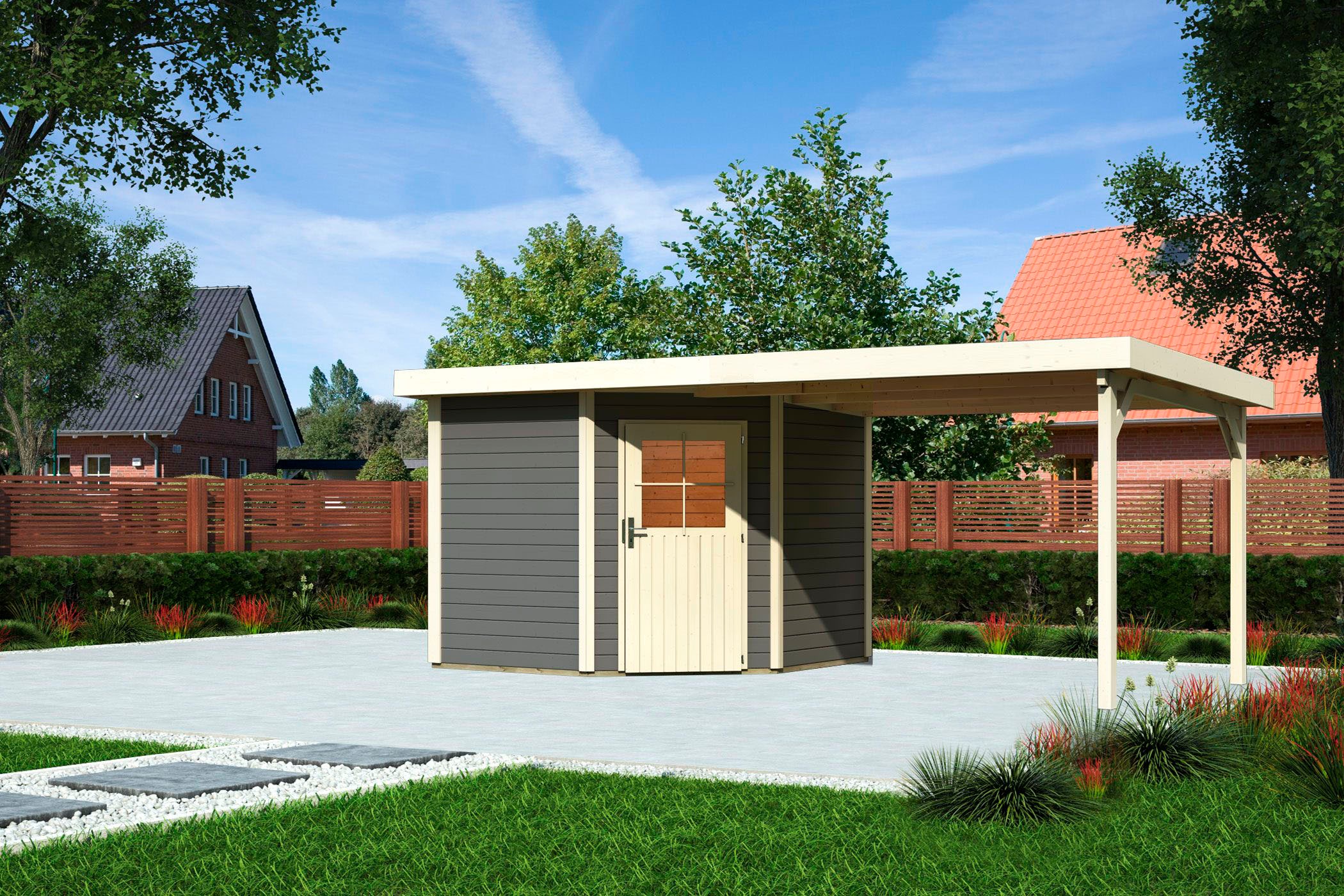 KONIFERA Gartenhaus »Neusee 2«, mit Anbaudach B: 3,2 m, terragrau o. natur kaufen
