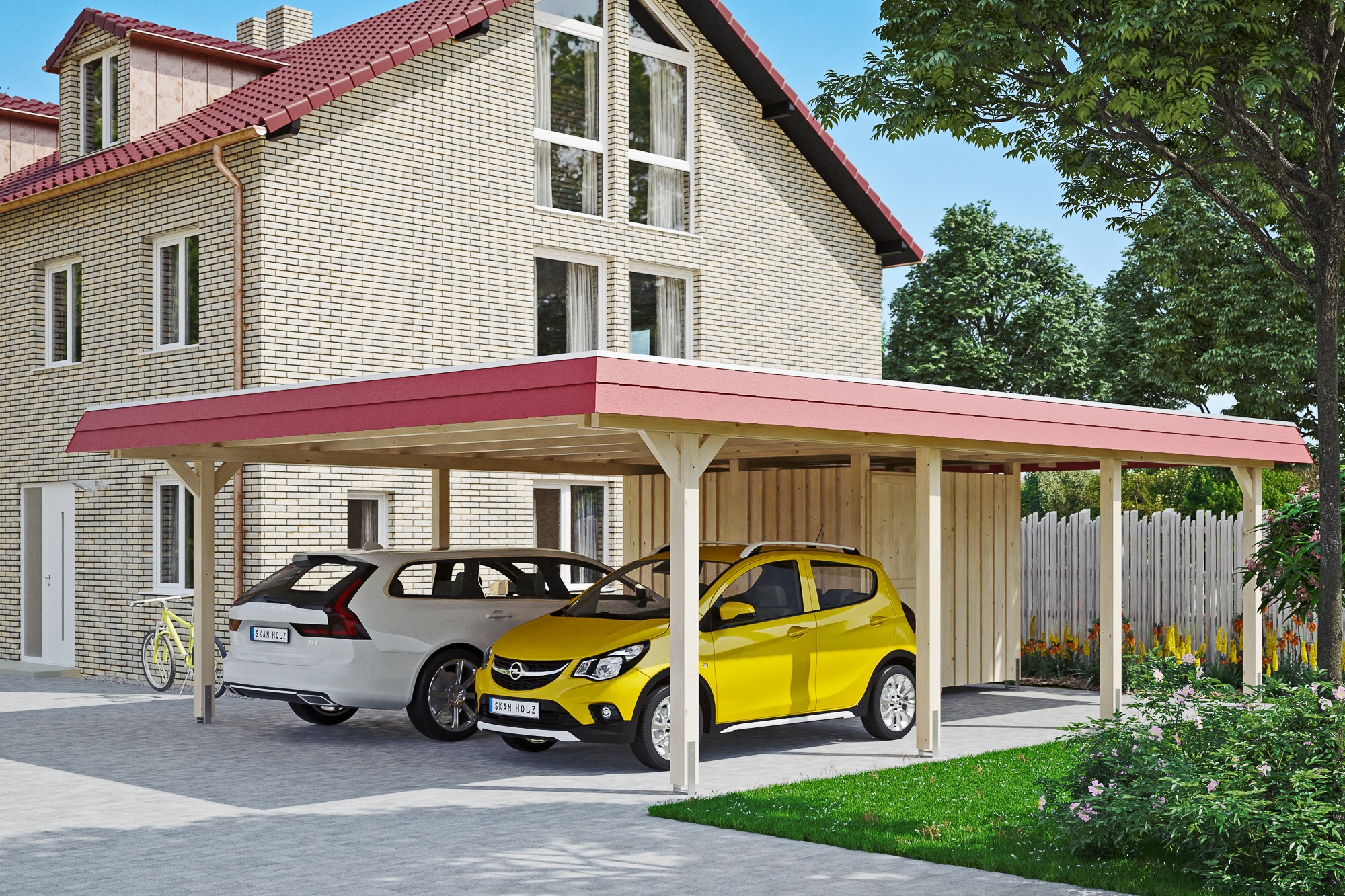 Skanholz Doppelcarport »Wendland« Leimholz 550 cm Natur mit Abstellraum mit EPDM-Dach, rote Blende