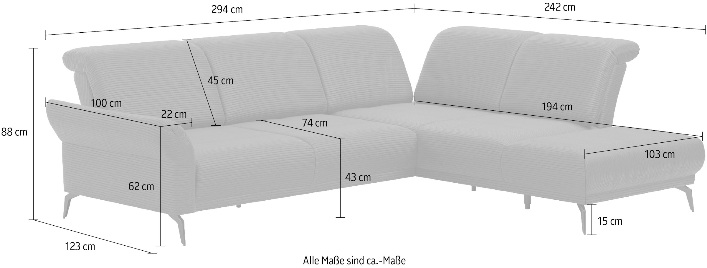 INOSIGN Ecksofa »Coco L-Form«, Sitztiefen-, Arm- und Kopfteilverstellung, Cord-Bezug, Fußhöhe 15 cm