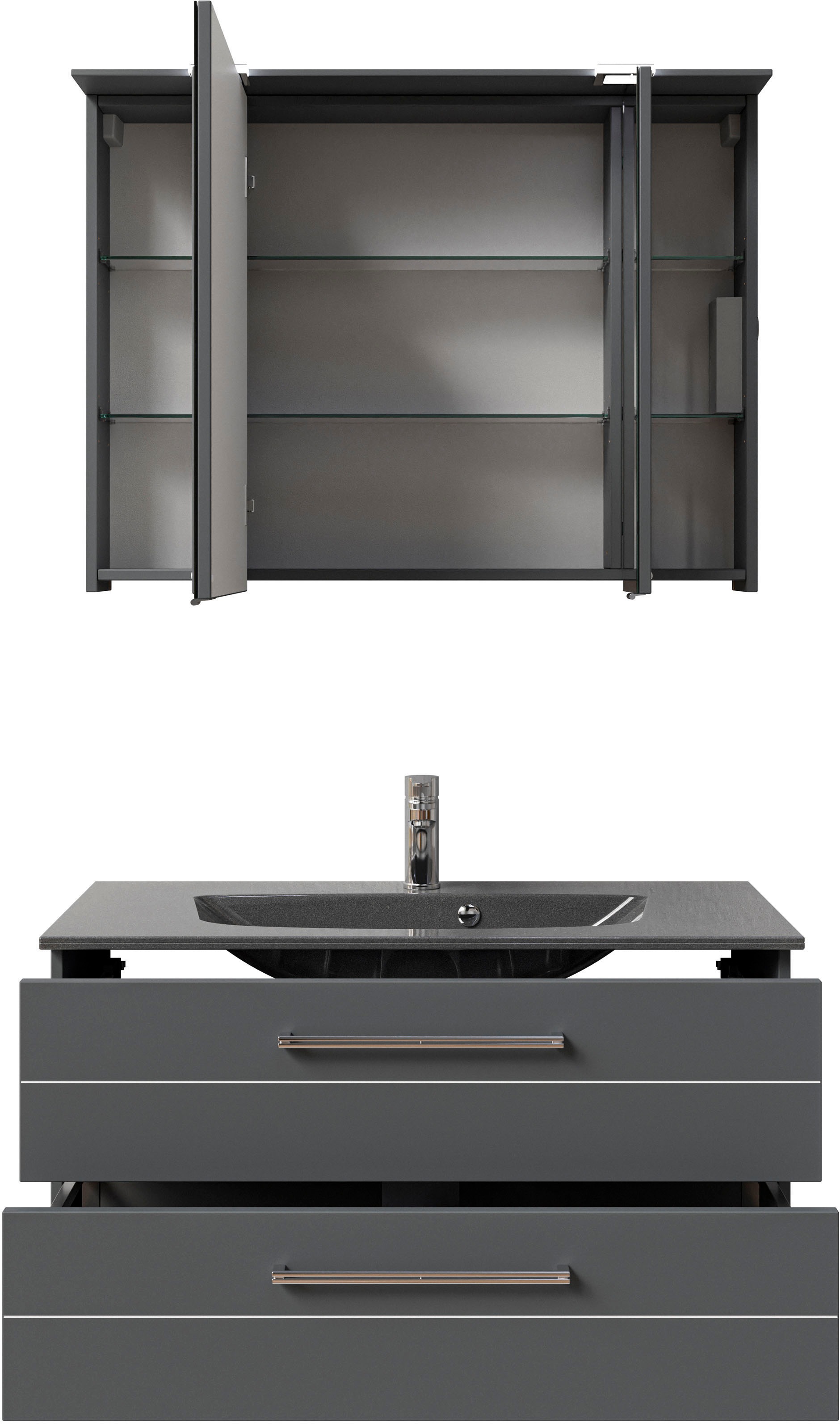 Saphir Badmöbel-Set »Serie 6025 2-teilig Mineralmarmor-Waschtisch mit LED-Spiegelschrank«, (2 St.), Waschplatz 97 cm breit, 2 Schubladen, 3 Spiegel-Türen, inkl Türdämpfer