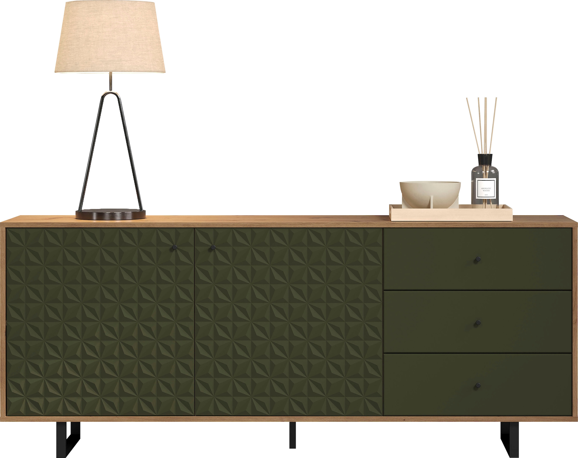 Places of Style Sideboard »Ferretti«, Wohnzimmerkommode mit besonderer Fräsung und Füße/Griffe aus Metall