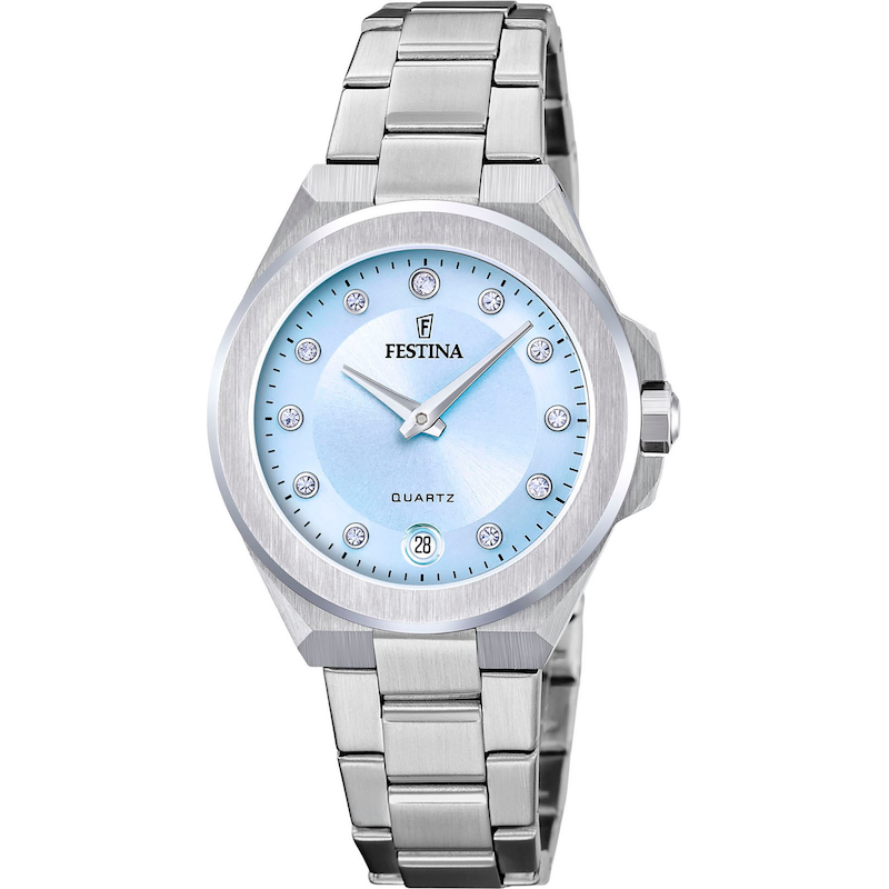 FESTINA Quarzuhr »Mademoiselle« Armbanduhr, Damenuhr, Edelstahlarmband, analog, Tag, Zirkonia (synth.) silberfarben-hellblau Geschmackvolle...