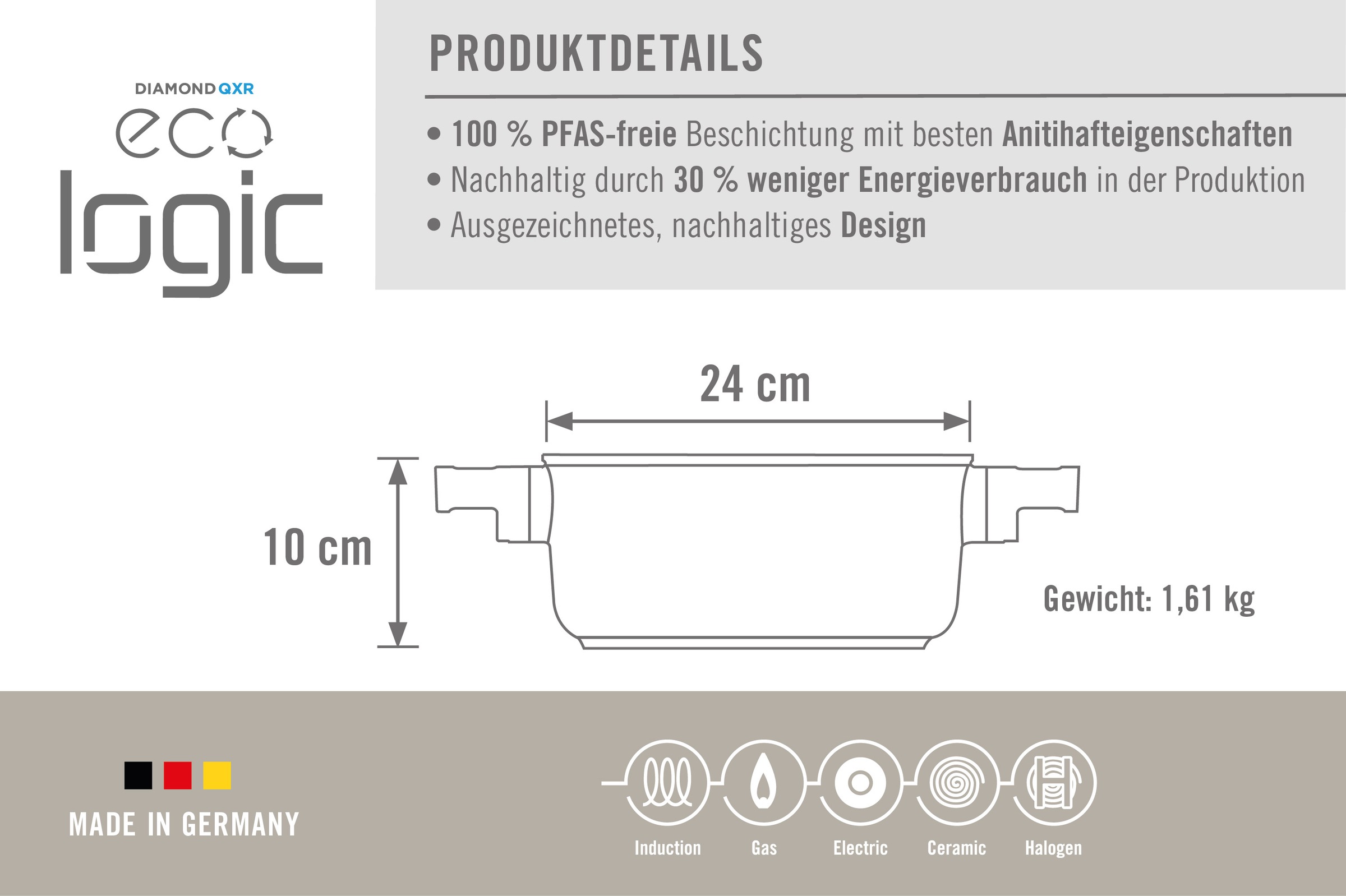 WOLL Kasserolle »Eco Logic QXR Guss-Kasserolle«, Aluminium, (1 tlg.), PFAS-freie Diamond-QXR - Beschichtung