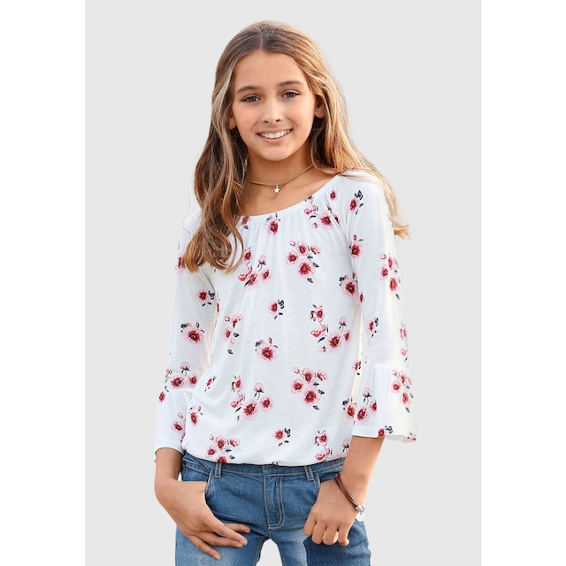 KIDSWORLD Carmenshirt, mit Trompetenärmel und Blumendruck online kaufen