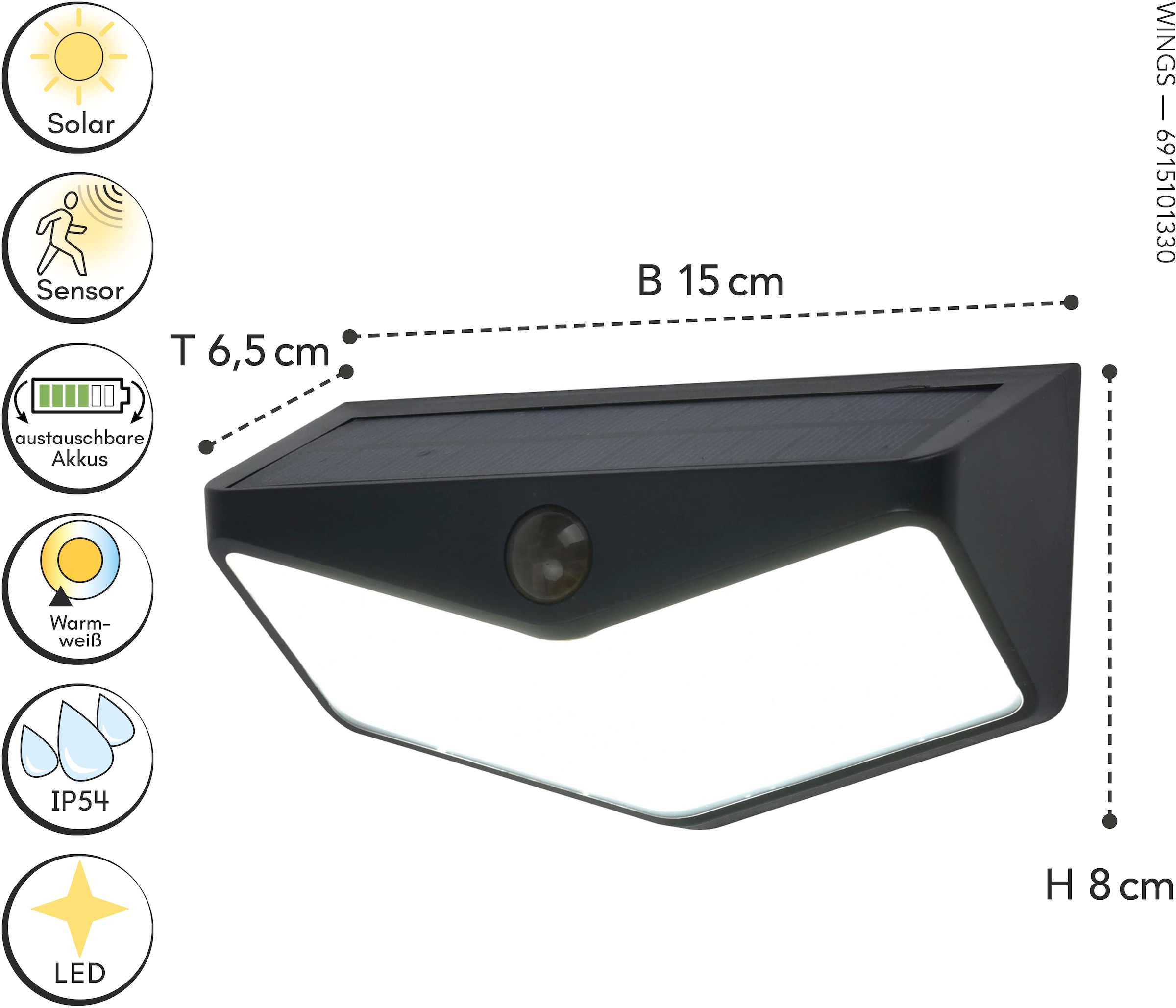 LUTEC LED Solarleuchte »LED-Solar-Aussenwandl. m. BWM WINGS«, 1 flammig, Leuchtmittel LED-Board | LED fest integriert, Bewegungsmelder