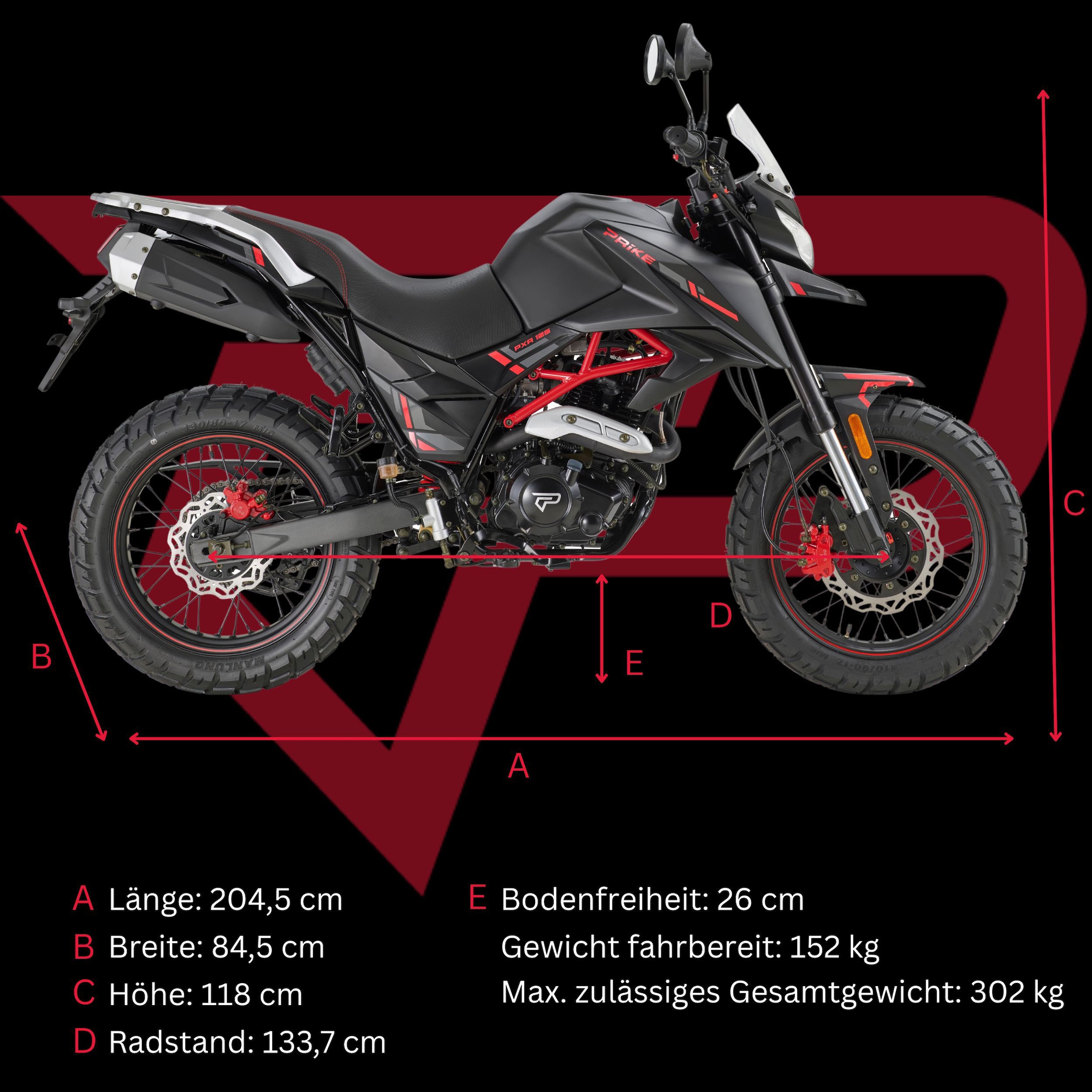 PRIKE Motorrad »PXA 125 Adventure, E5+« 124 cm³ 85 km/h Euro 5+ 9,9 7,3 kW, 9,9 PS, CBS, 125er Reise-Enduro, digitales Cockpit