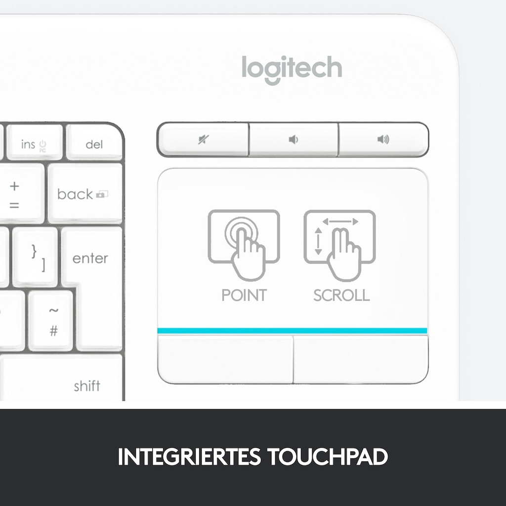 Logitech Tastatur »Wireless Touch Keyboard K400 Plus«, (Antirutsch-Füße-Lautstärkeregler-Touchpad)