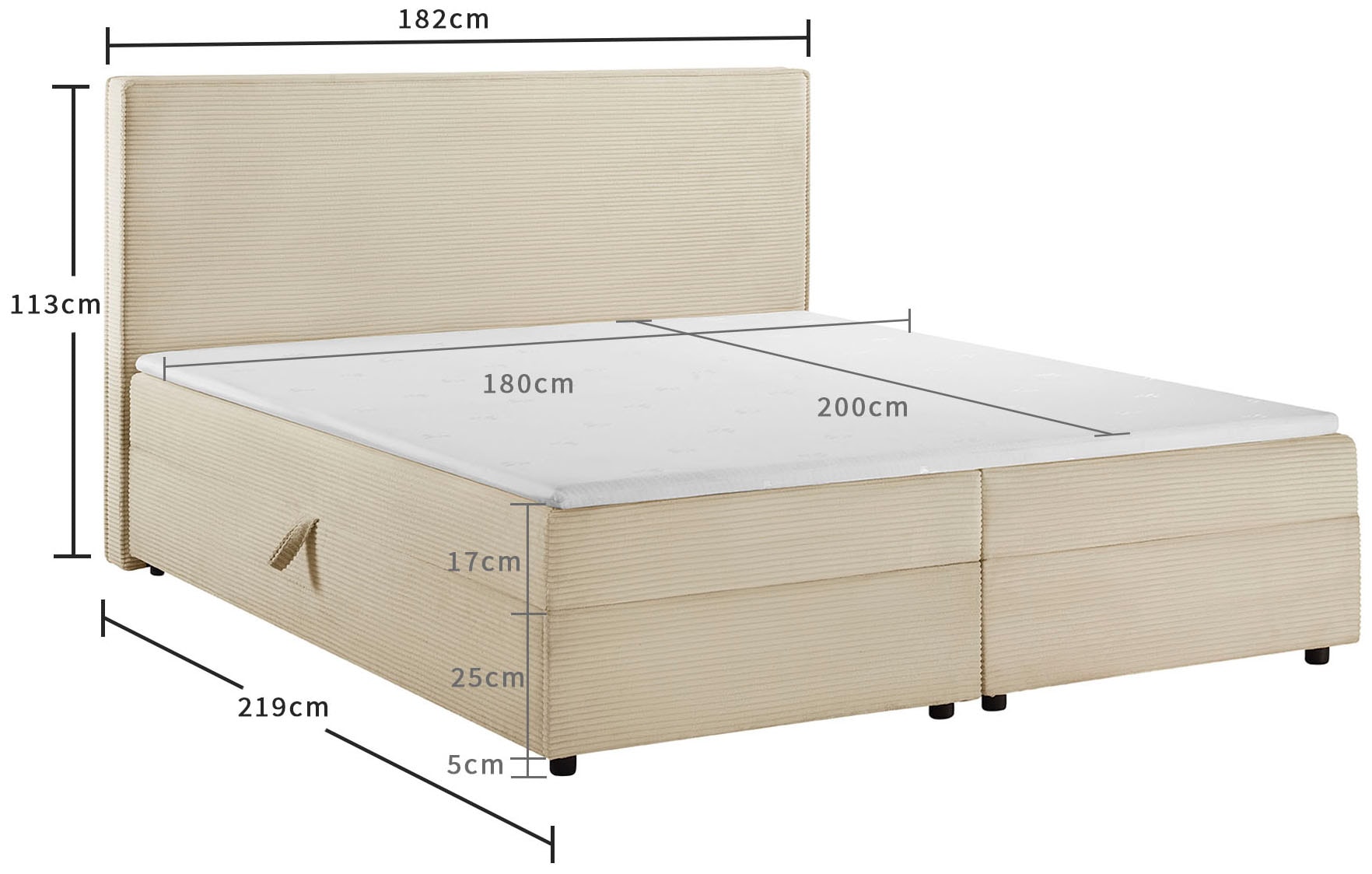 OTTO home Boxbett »Eliaas inkl. Bettkasten und Topper, Liegefläche 180x200cm« erhältlich in hochwertigem Cord-Stoff, inkl. Aufbauvideo