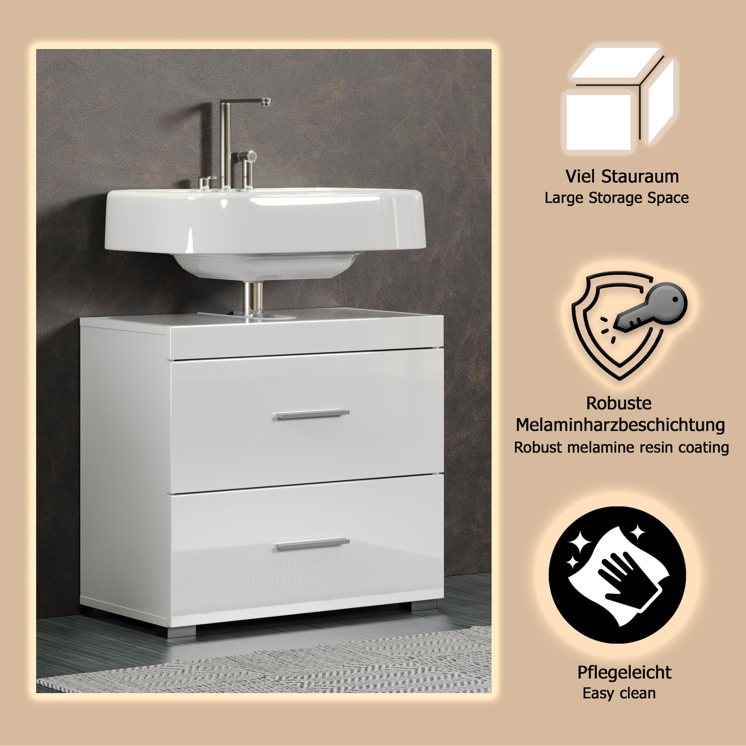 welltime Waschbeckenunterschrank »Avena« 1 Stk. tlg. Waschtisch mit 2 Schubkästen – (B/T/H) 60/34/56 cm