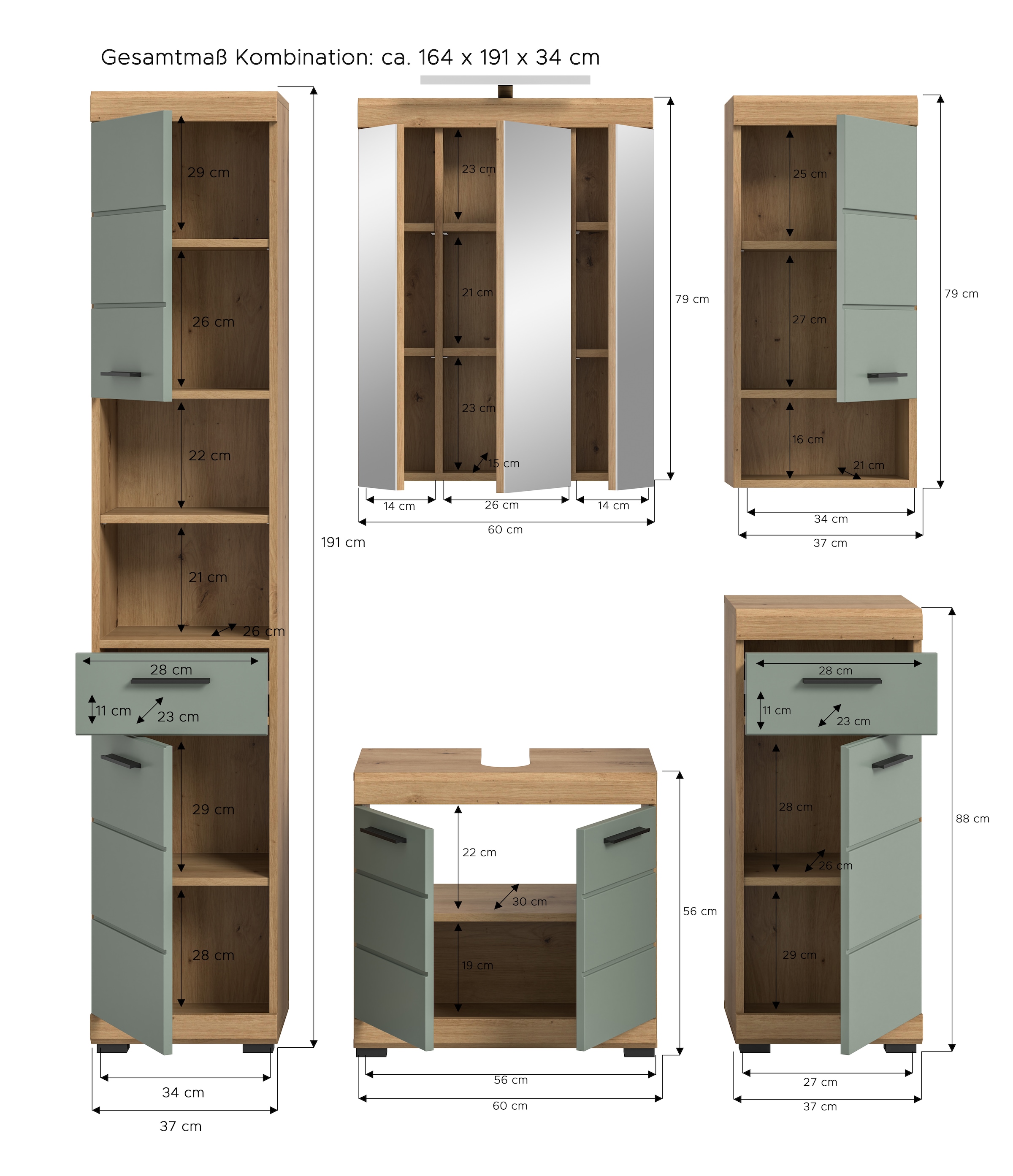 INOSIGN Badmöbel-Set »Siena, 5 teilig, inklusive LED Beleuchtung, bestehend aus:«, (Set), Hochschrank, WBU, Spiegelschrank, Unterschrank, Hängeschrank