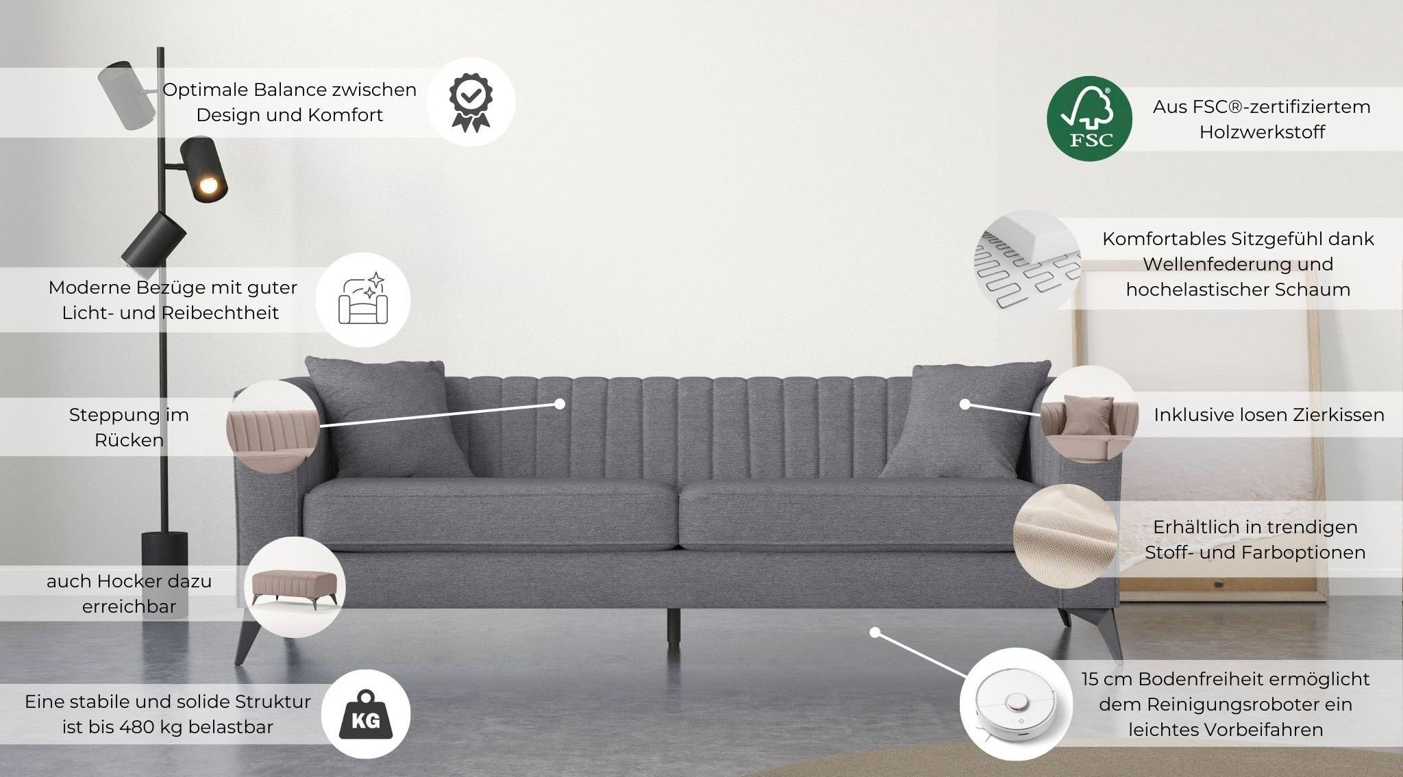 Places of Style 4-Sitzer »MATTHEW elegantes Designsofa, Maße B/T/H: 231/86/74 cm«, XXL, Steppung im Rücken, lose Sitzkissen, incl 2. Zierkissen