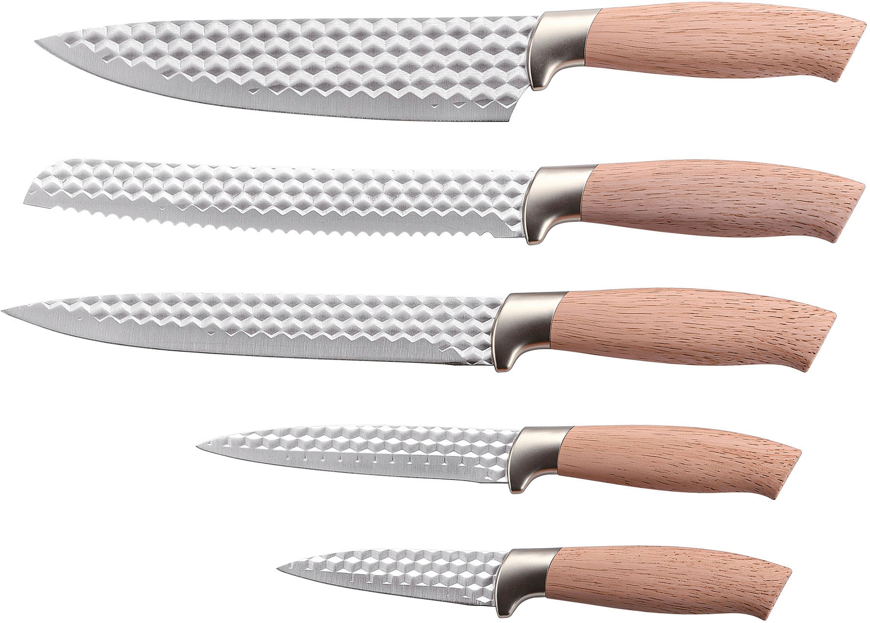 KING Messer-Set »NATURELLE«, (Set, 5 tlg., 5 Küchenmesser), Messerklingen mit Wabenstruktur, Holz-Optik Griffe