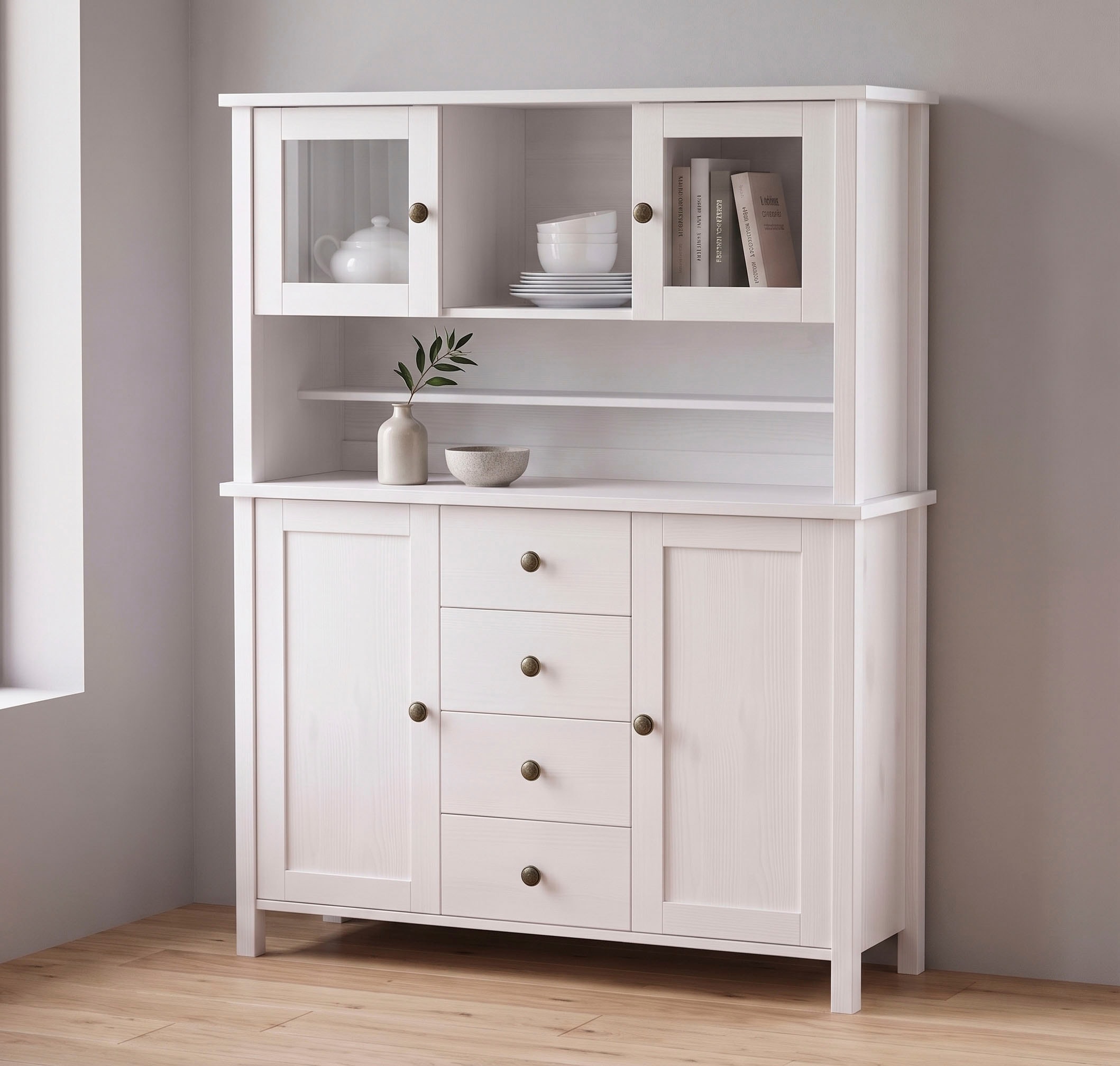 OTTO home Buffet »Mikkeli Küchenbuffet mit 2 Glastüren, Metallgriffe« aus massiver FSC®-zertifizierter Kiefer, moderner Landhausstil