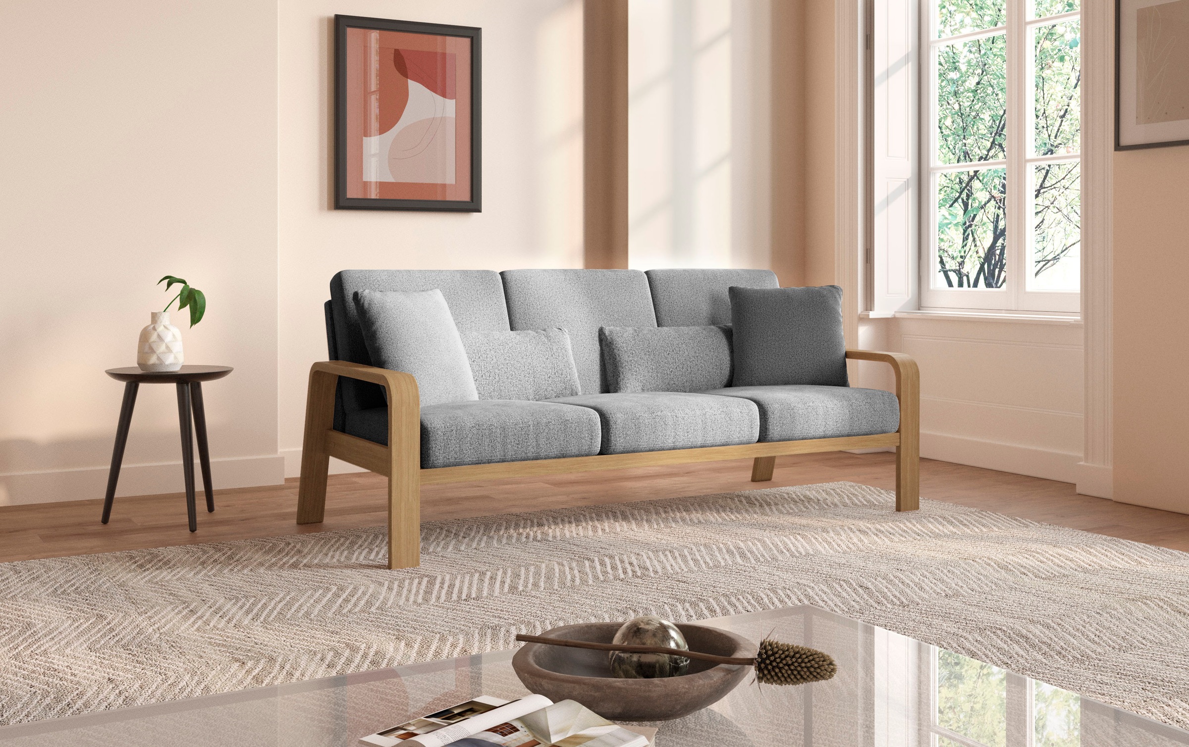 sit&more 3-Sitzer »Kolding«, Armlehnen aus Buchenholz in natur, verschiedene Bezüge und Farben