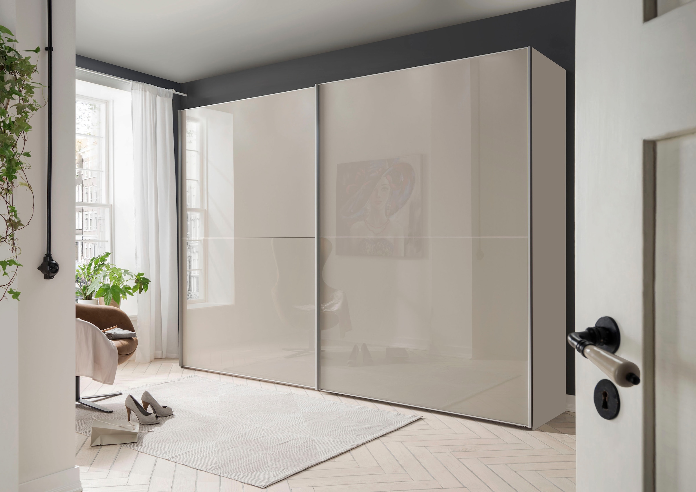 WIEMANN Schwebetürenschrank »Orion, Kleiderschrank, Schrank, Wäscheschrank, mit Schiebetüren« hochwertige Glasfront, variable Inneneinteilung, stilvolle Optik