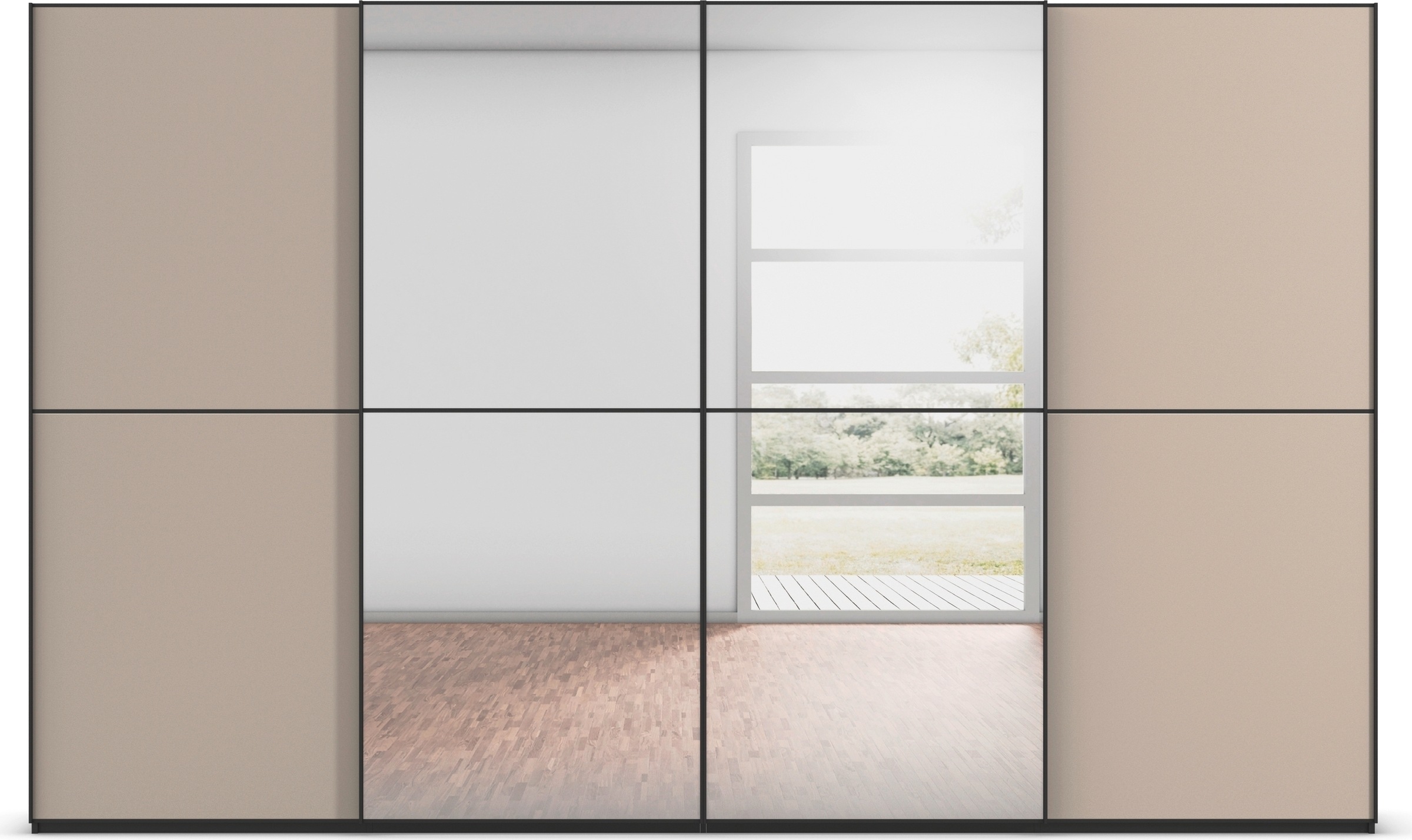 rauch Schwebetürenschrank »Kleiderschrank Schrank Garderobe Schlafzimmerschrank SCALE-DUO«, edle zweigeteilte Türen Spiegel/Glas-Mix 3 Zierleisten MADE IN GERMANY