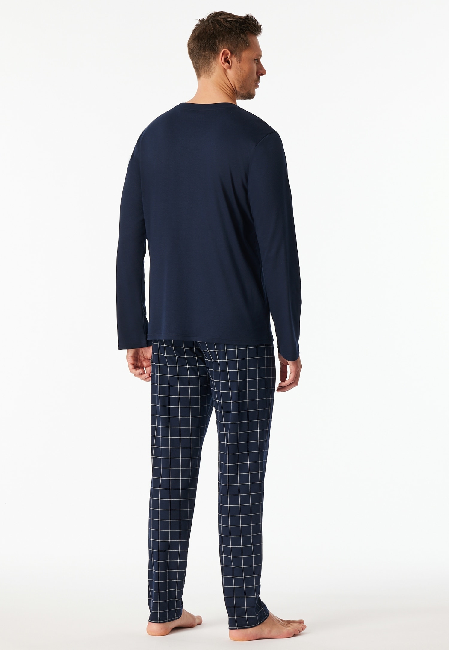 Schiesser Pyjama »Fine Interlock«, 2 Stk. Oberteil in Uni, karierte Hose, V-Neck, Langarm, Baumwolle