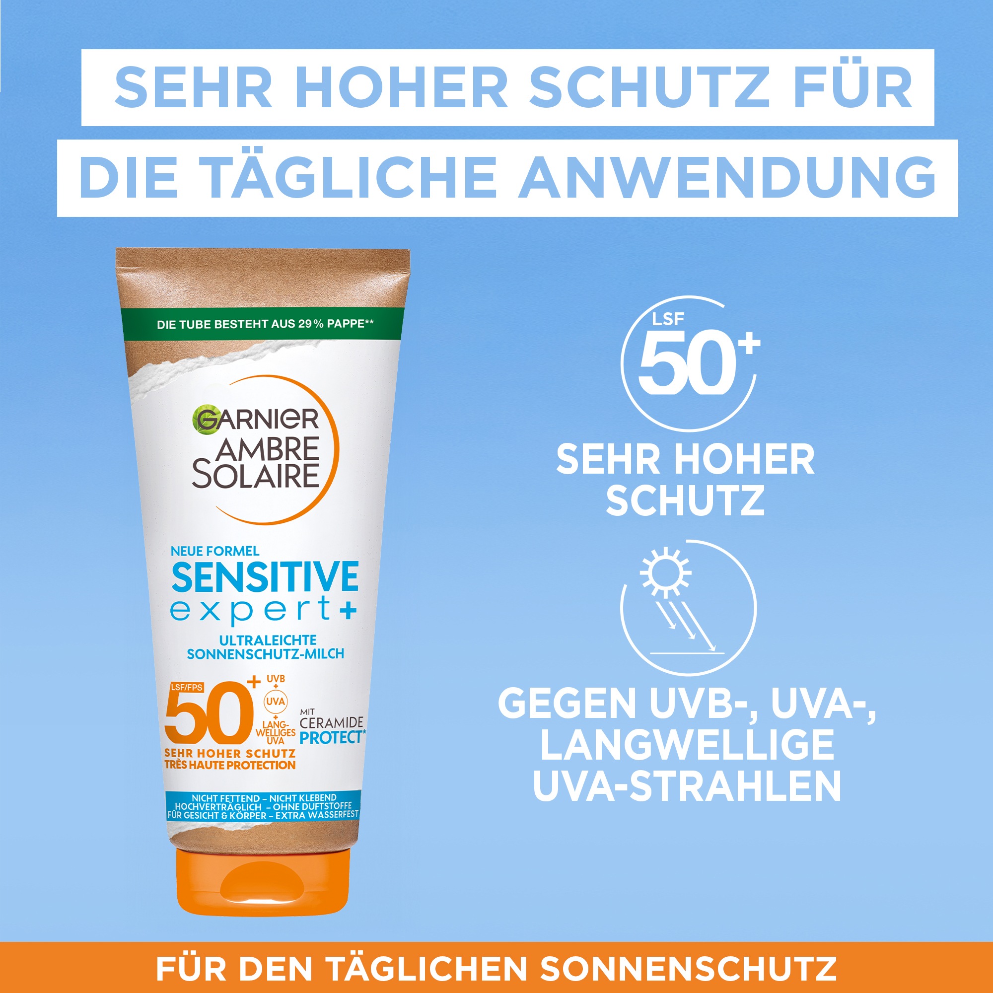 GARNIER Sonnenschutzmilch »AMBRE SOLAIRE SENSITVE EXPERT+ LSF50+« für Körper und Gesicht, mit Ceramiden