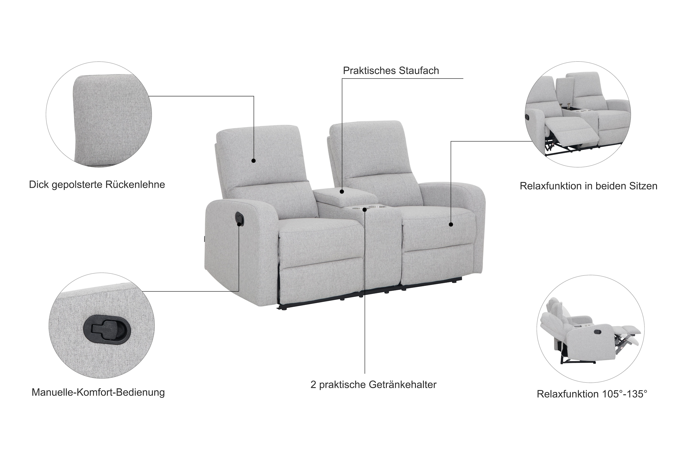 Home affaire 2-Sitzer »TOURNAY, 2er-Kinosofa, Liegesofa, TV-Sessel, Multimedia-Sofa«, mit manueller Relaxfunktion, Getränkehalter, Staufach