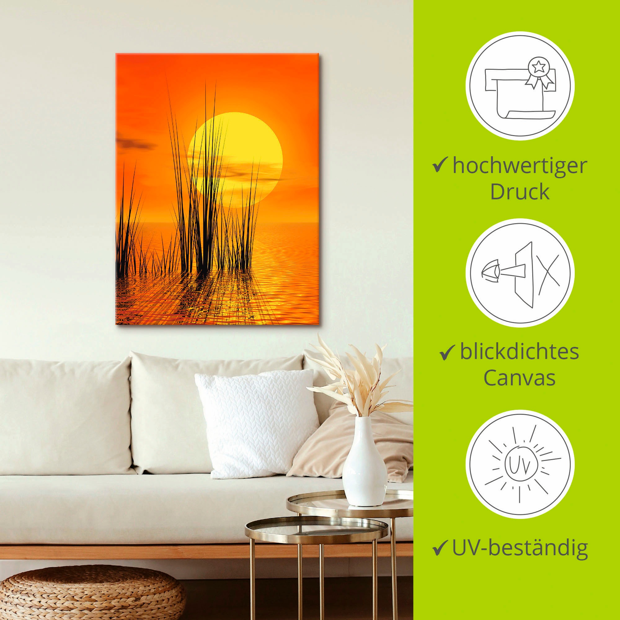 Artland Wandbild »Sonnenuntergang mit Schilf«, Sonnenaufgang & -untergang, (1 St.), als Leinwandbild, Poster, Wandaufkleber in verschied. Größen