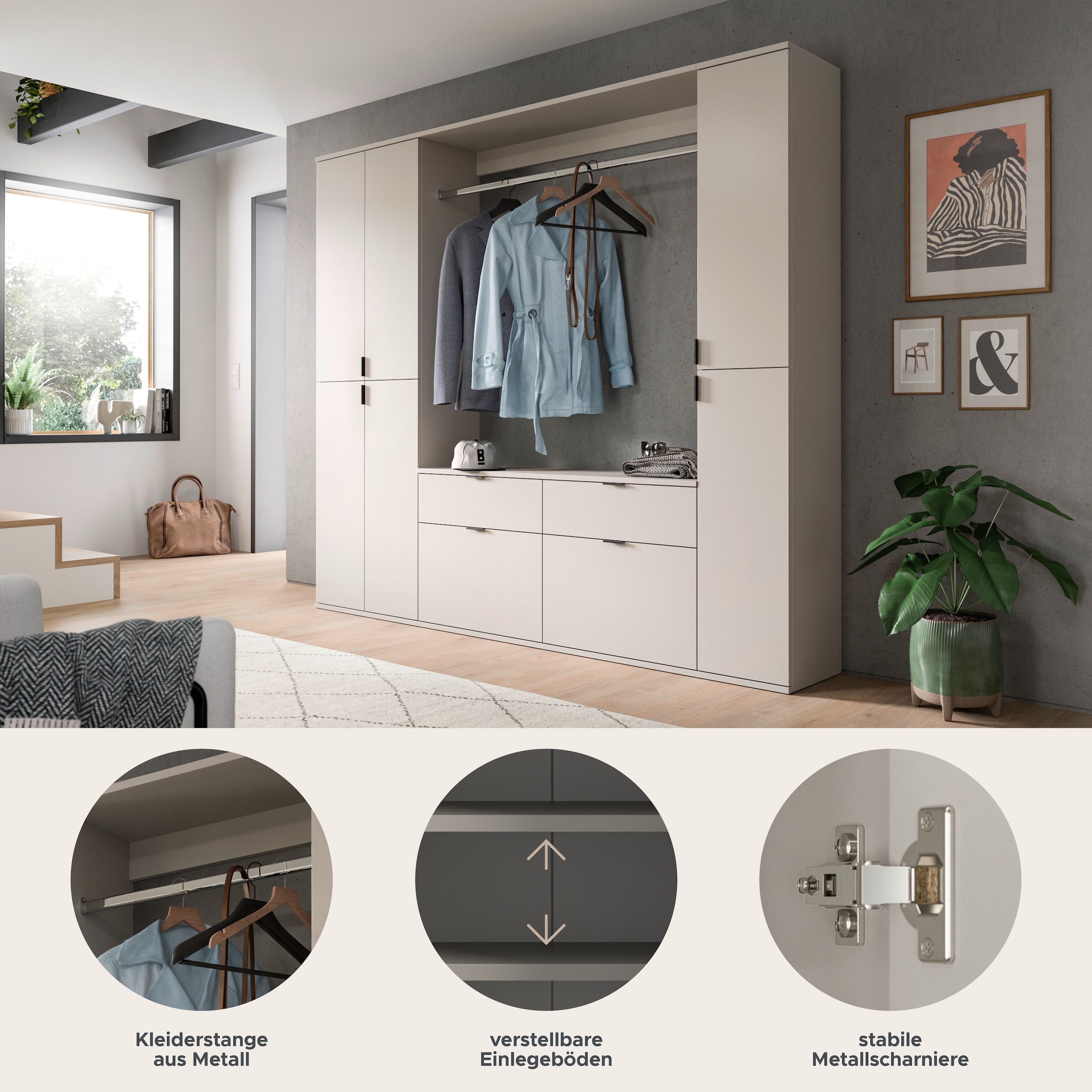 Home affaire Garderoben-Set »TRONDHEIM, 5-teilig, Breite 212cm, individuell platzier- & erweiterbar« Set, bestehend aus: 2x Garderobenschrank & 3-tlgs. Zwischenbauelement, 4 Stk. tlg.