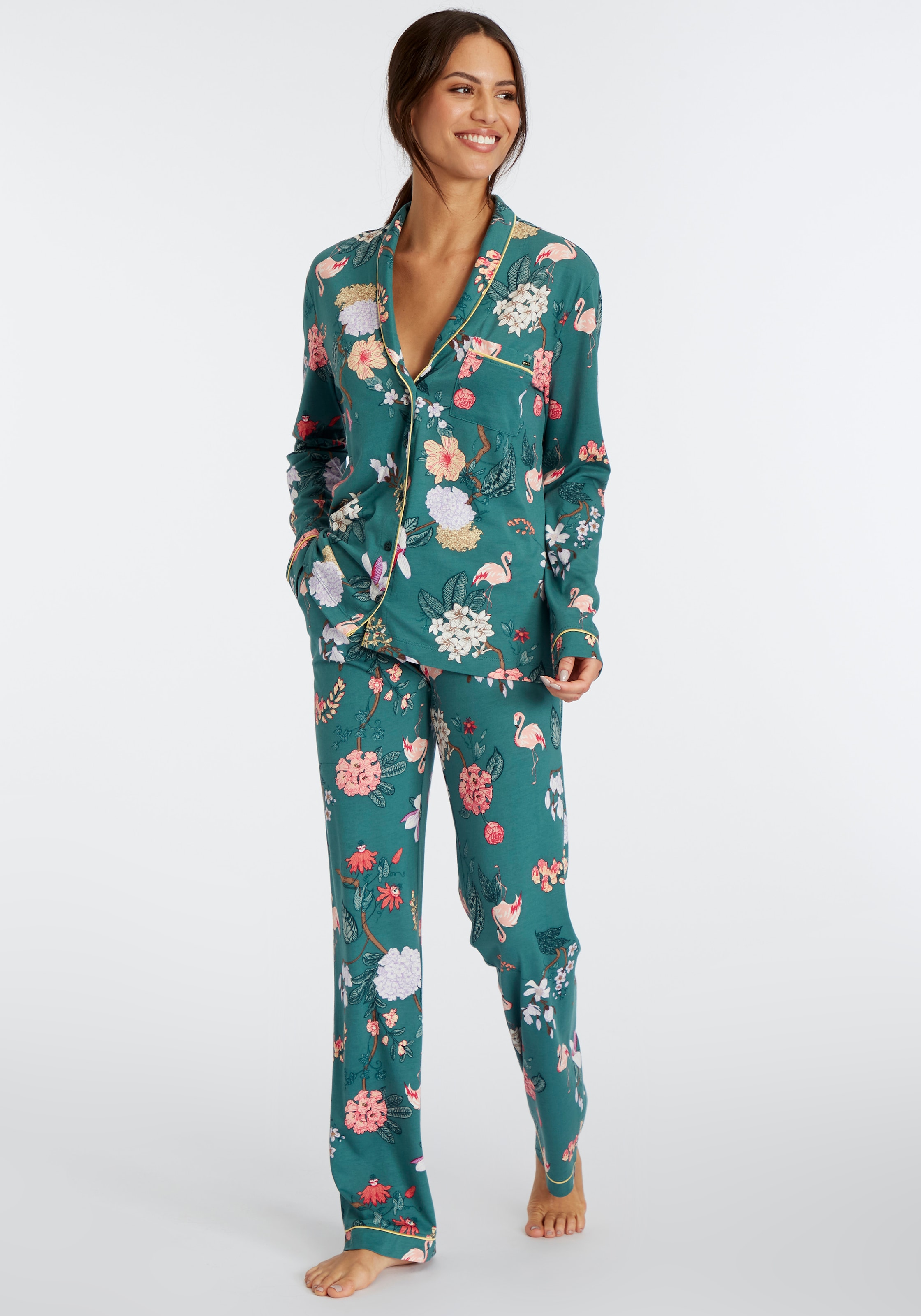 Pyjama, (Set, 2 tlg.), mit elegantem Blumenmuster