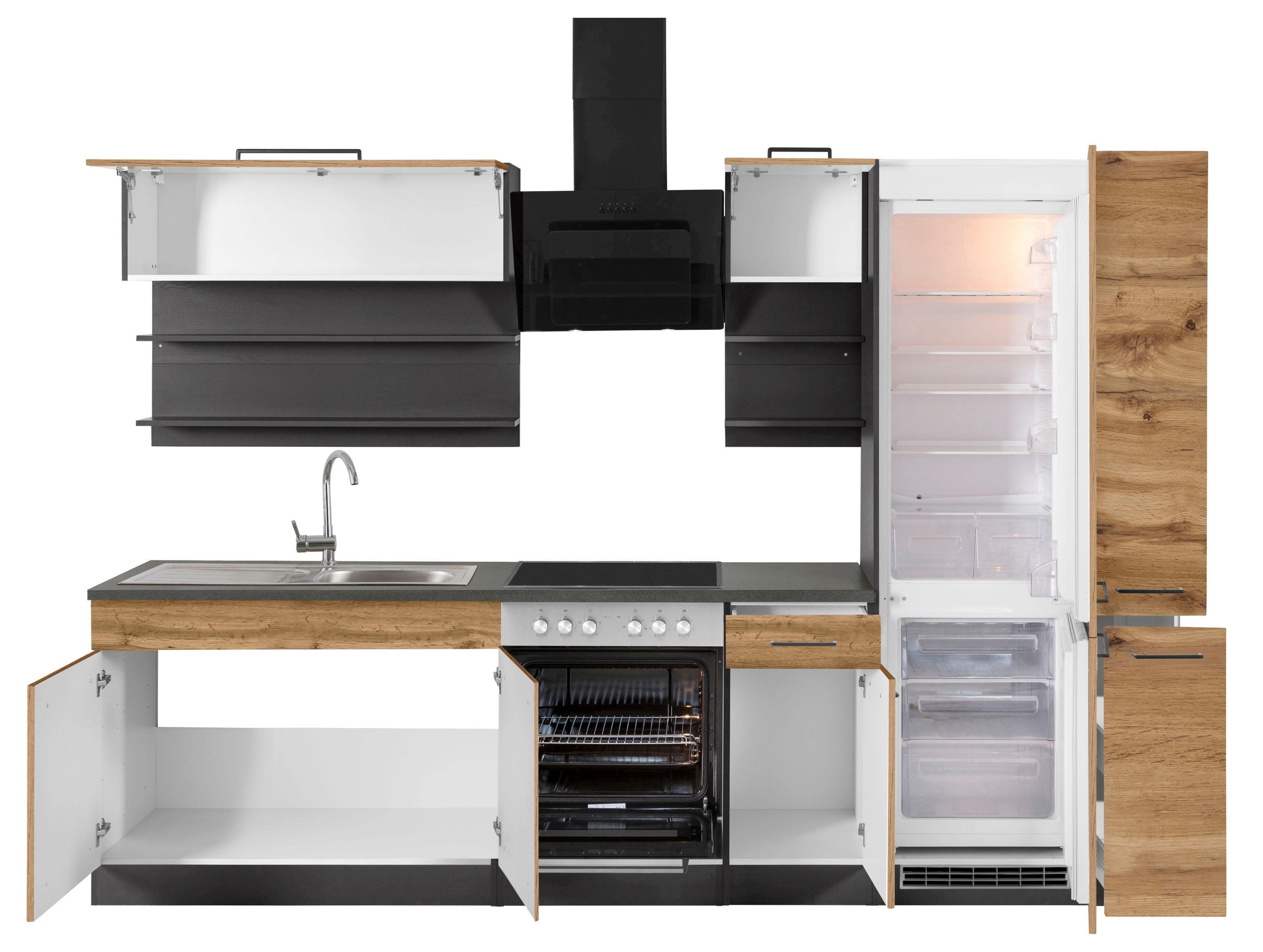 KOCHSTATION Küchenzeile »KS-Tulsa«, mit E-Geräten, Breite 300 cm, schwarze Metallgriffe, MDF Fronten
